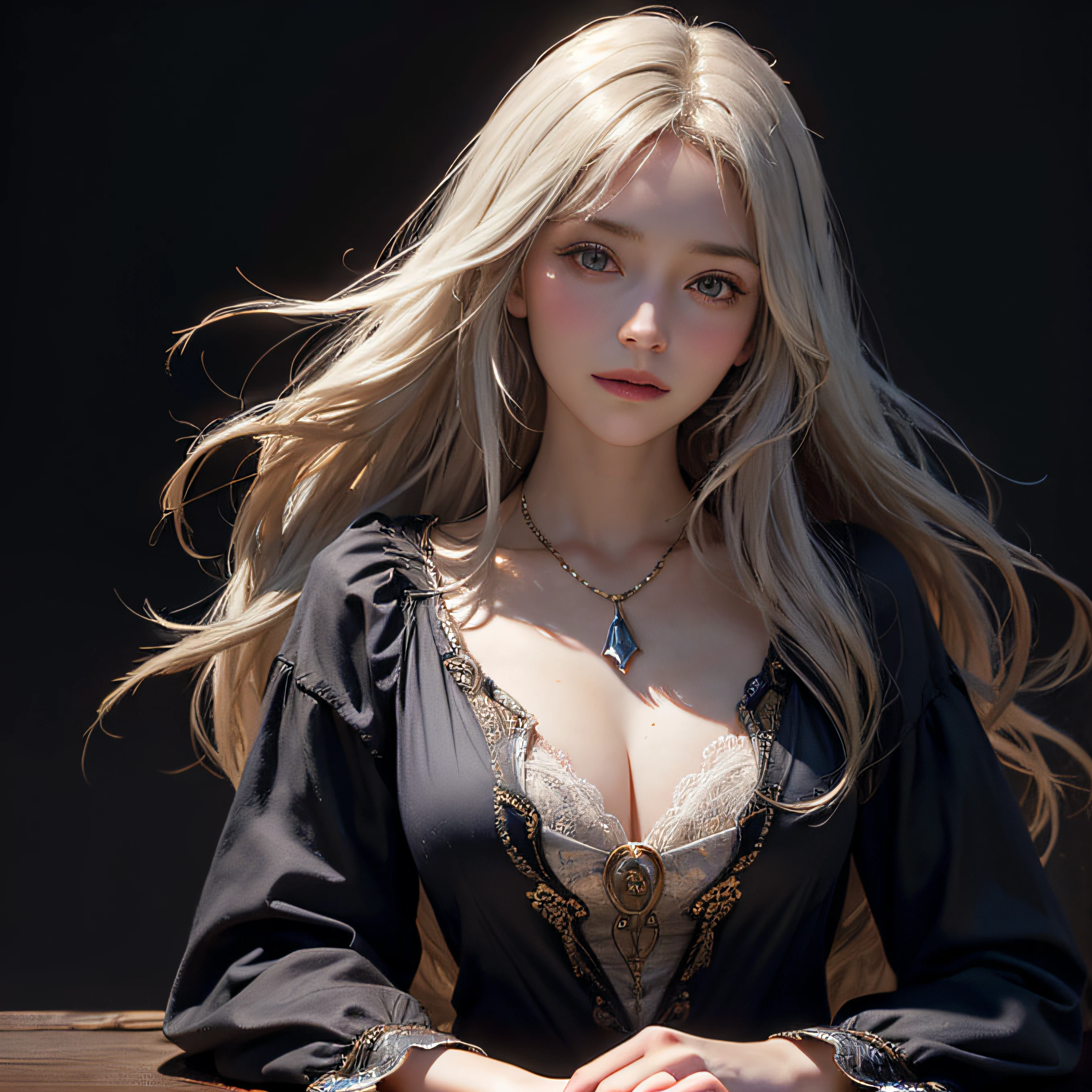 (front focus), (in the dark:1.6), Hyperrealist portrait of female by david hockney and alphonse mucha, fantasy art, photo realistic, dynamic lighting, artstation, poster, volumetric lighting, very detailed faces, 8 k, award winning, 1girl, in the dark, deep shadow, low key, cowboy shot, (official clothing:1.4), long hair, white hair, smile, ultra detailed skin,