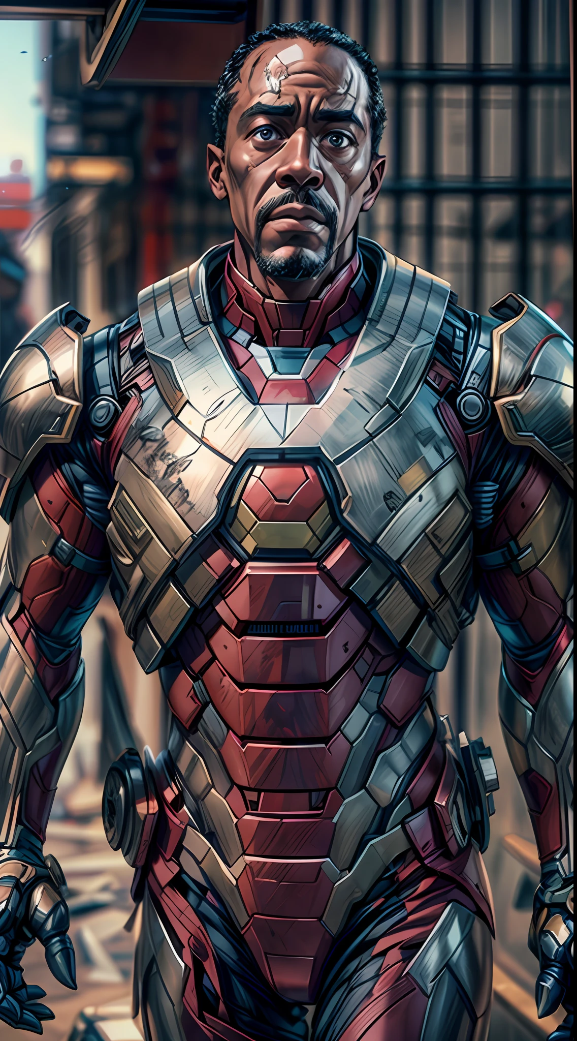 (RAW Photo, Best Quality), (Realistic, Photorealistic Photo: 1.3), Best Quality, Highly Detailed, Masterpiece, Ultra Detailed, Illustration, marvel cinematic universe, Iron Man, Don Cheadle, the face should be exactly look like Don Cheadle, Prince James Rhodes, War Machine, stands tall in his armored suit, ready to defend with advanced weaponry, background should be epic, upper body, high detail on dress, Best Quality, Extremely Detailed CG Unified 8k Wallpaper, Ink, Amazing, badass look, portrait, close up (skin texture), intricately detailed, fine details, hyperdetailed.