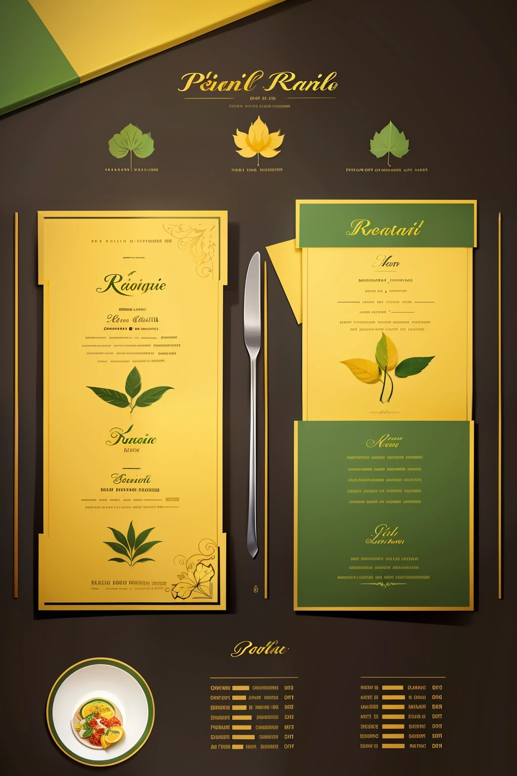 Rie an elegant and chic two-leaf A4 yellow menu template with the colors of Brazil that represents the Brazilian regions The name of the restaurant is panapaná.