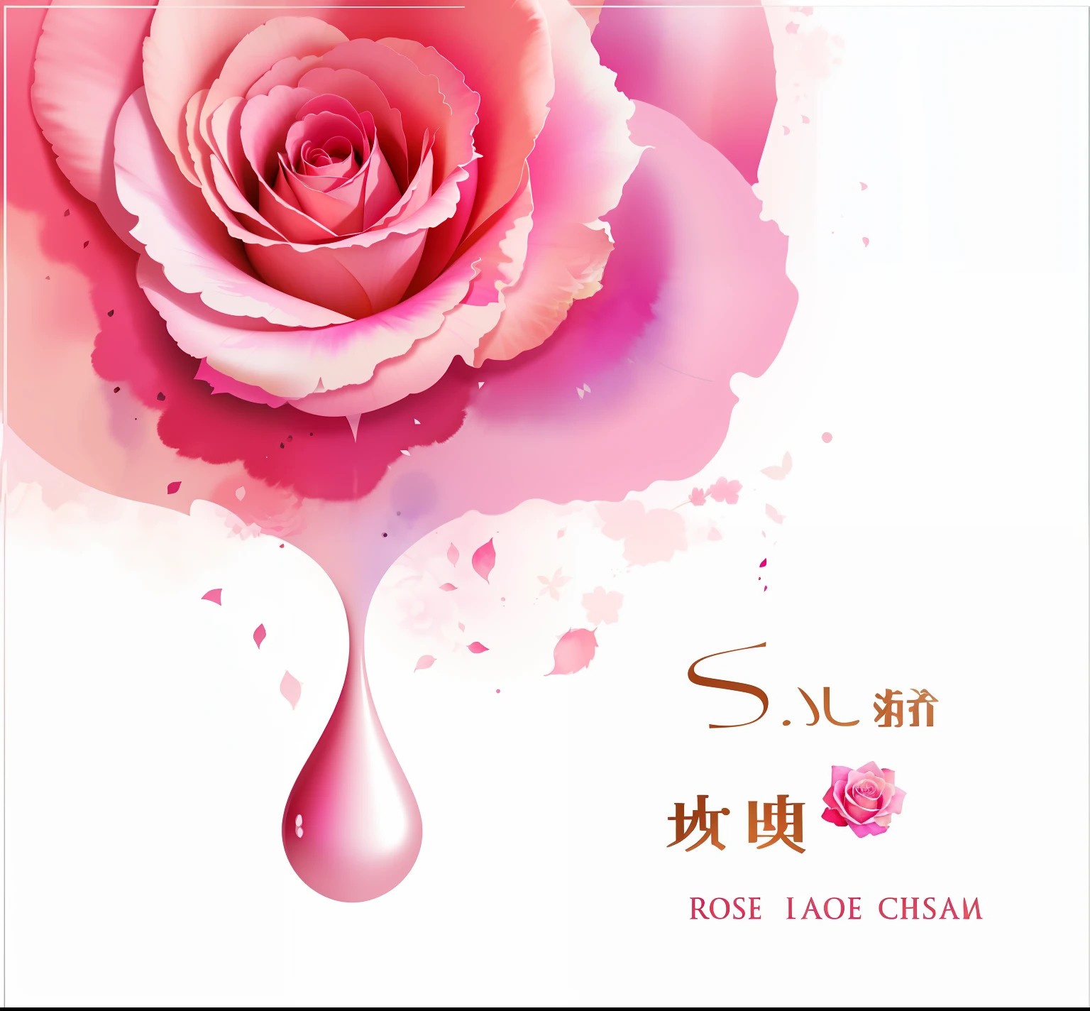 Abstract pink rose，the wallpaper，gouache painting，Bright colors，There are water droplets on the petals，The flowers and leaves are intact，Graphic design style，iintricate，Clear details，Has a small amount of metallic linear color，White clean undertone，4k，