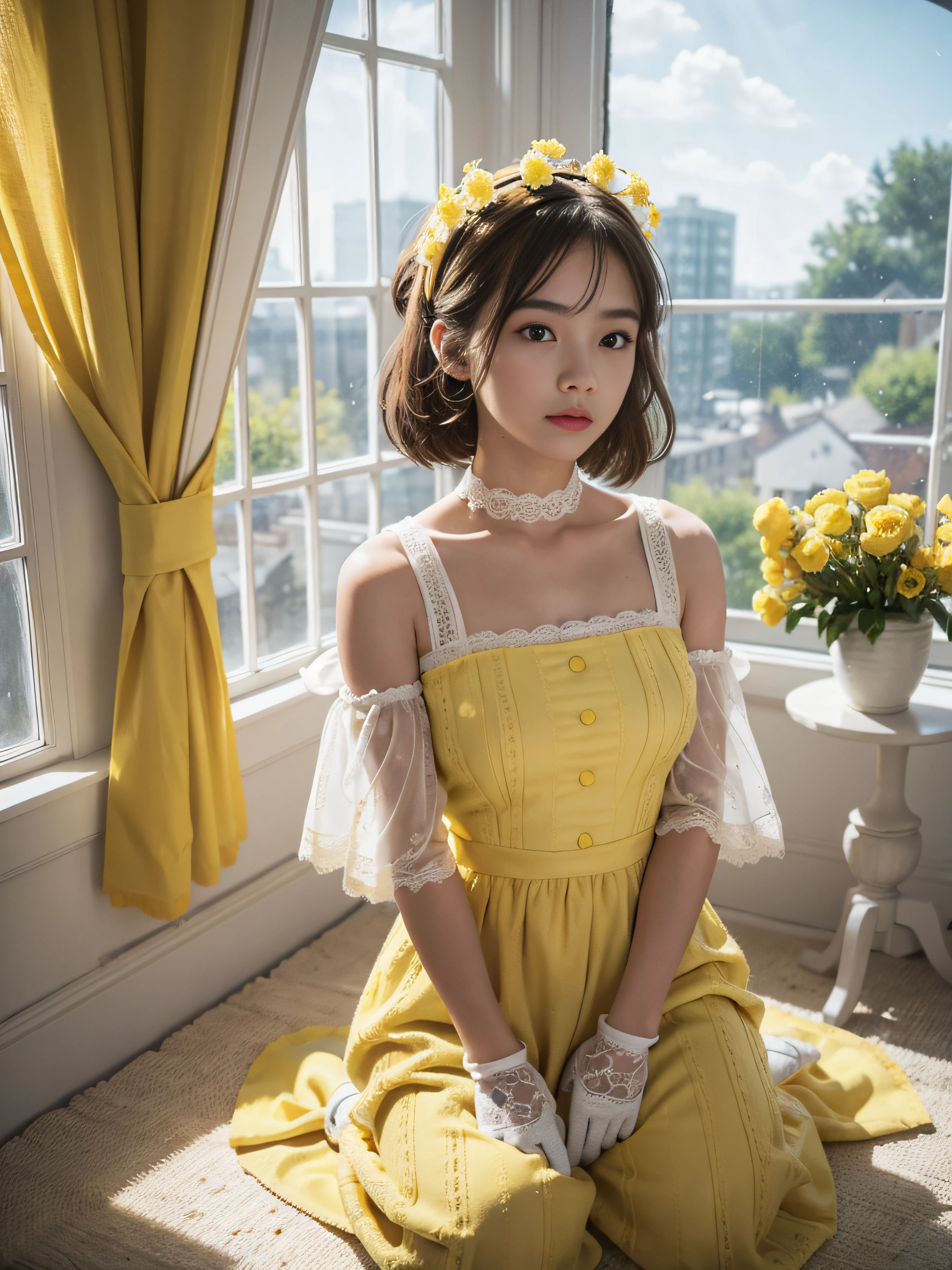 A young girl in a yellow dress,The dress is hairy textured,There is large cotton ball lace,There are yellow flowers on the shoulders,He wears a yellow scarf around his neck,Cotton wool texture,(shaggy),Home,There was sunlight shining in through the windows,Wearing dog cotton gloves on his hands,Lori kneels,adolable,Sell moe