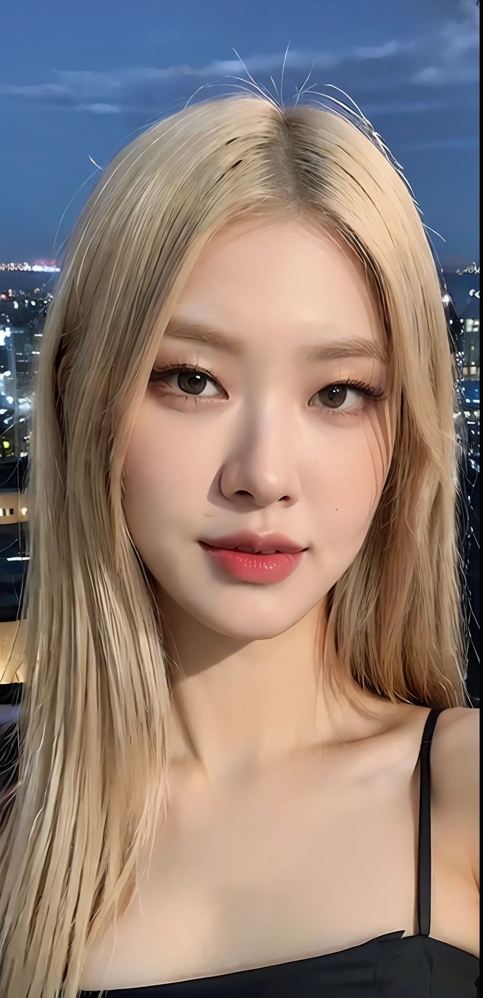 ((Midnight, Best quality, 8k, Masterpiece :1.3)), Whole body, Long legs, Sharp focus :1.2, A pretty woman with perfect figure :1.4, Slender abs, slender thigh :1.1, ((blonde hair, Big breasts :1.2)), (naked, close up: 1.2), ((Night city view, Rooftop:1.3)), Highly detailed face and skin texture, Detailed eyes, Double eyelid, closer, smile