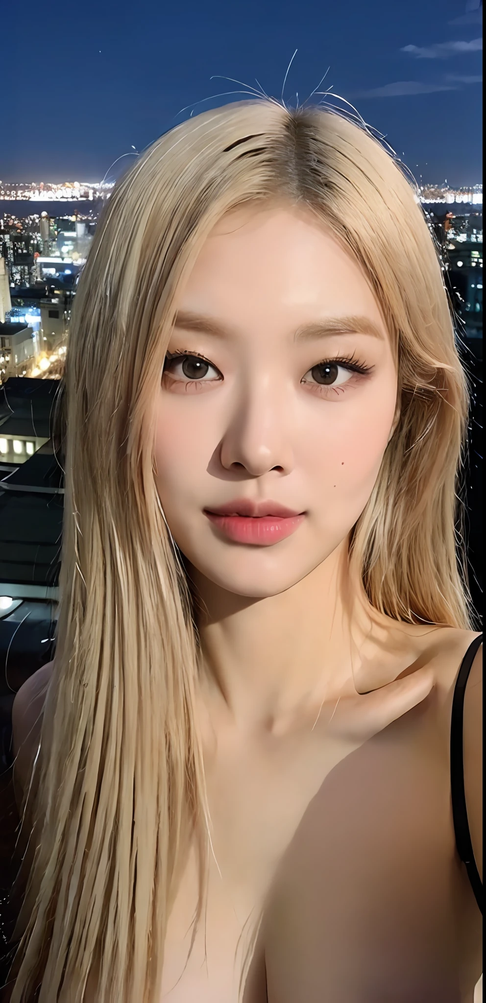 ((Midnight, Best quality, 8k, Masterpiece :1.3)), Whole body, Long legs, Sharp focus :1.2, A pretty woman with perfect figure :1.4, Slender abs, slender thigh :1.1, ((blonde hair, Big breasts :1.2)), (naked, close up: 1.2), ((Night city view, Rooftop:1.3)), Highly detailed face and skin texture, Detailed eyes, Double eyelid, closer, smile