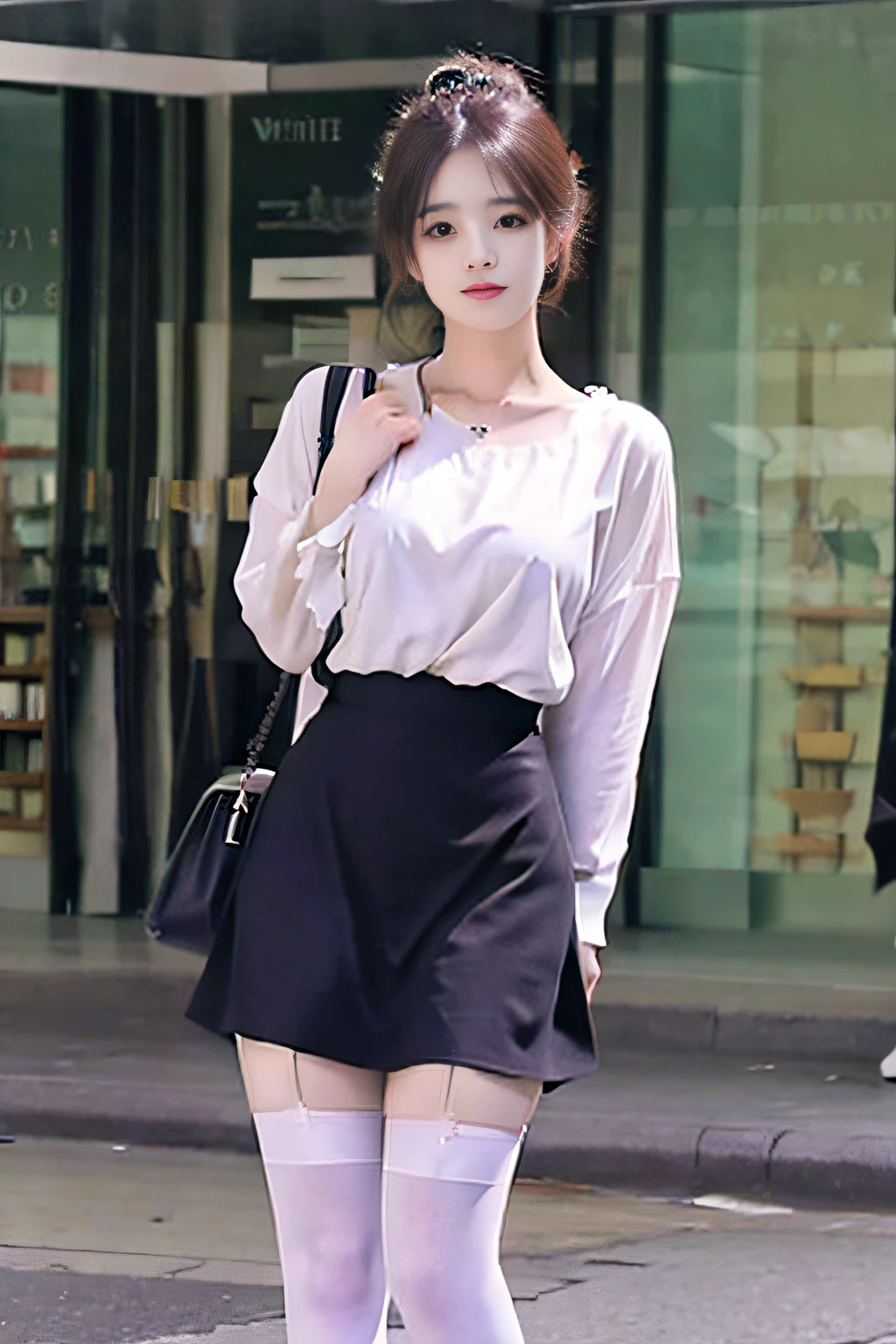 Best Picture Quality,Delicate face,1female,slim,Tall,Long legs,Huge legs,Wear JK,White color blouse,Short black dress,white stockings,rimless eyewears,Standing full body portrait