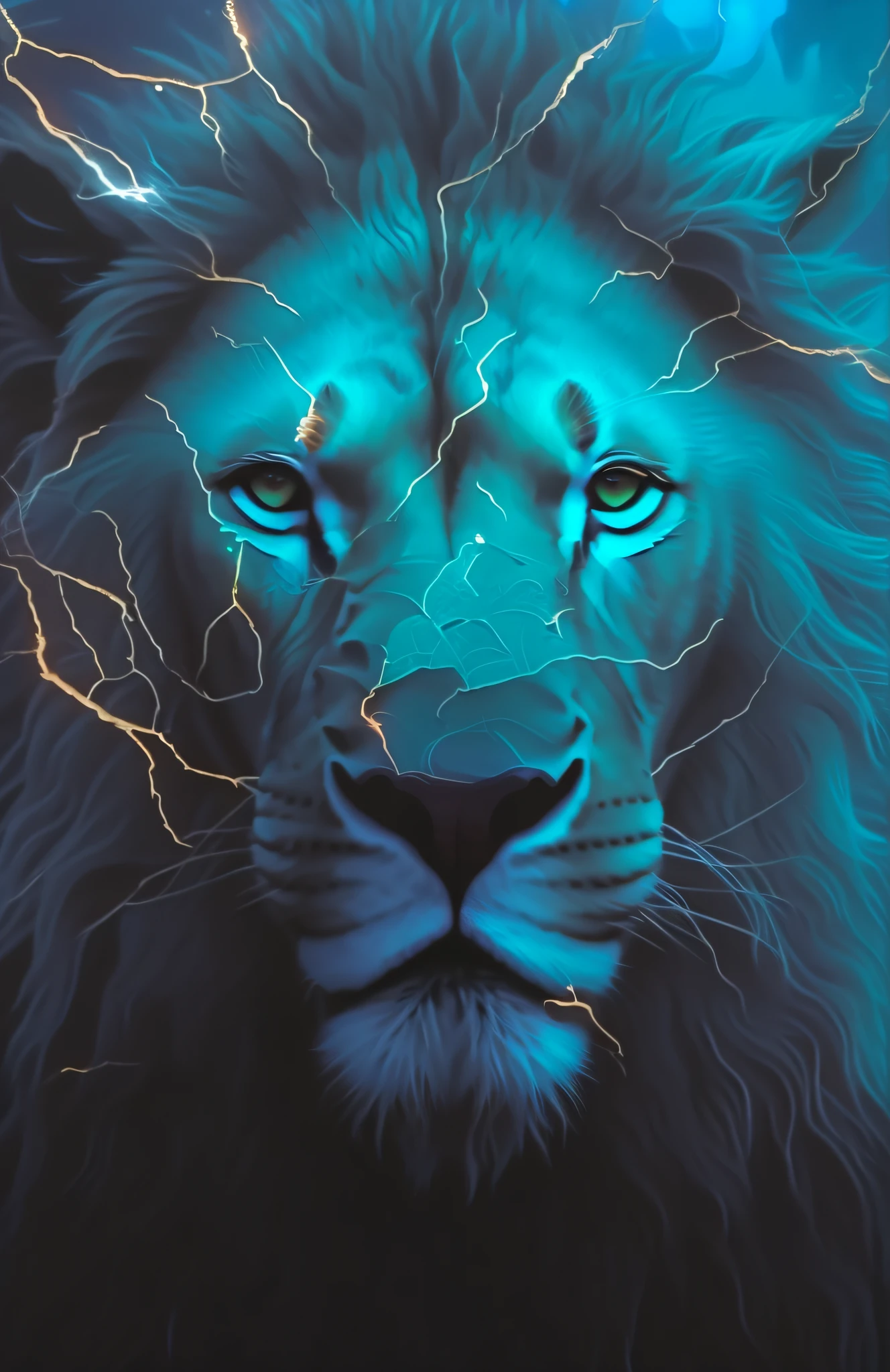Painting of a lion with king's crown and a blue mane and lightning in the background, Roaring Blue Lion. majestoso, Directed by: Adam Marczyński, Lion, Directed by: Adam St. Peter's, Aslan the Lion, lions, lion warrior, awesome art, eletrizante, Fire Lion, half lion, forte e feroz, Lion's Gate, lion icon