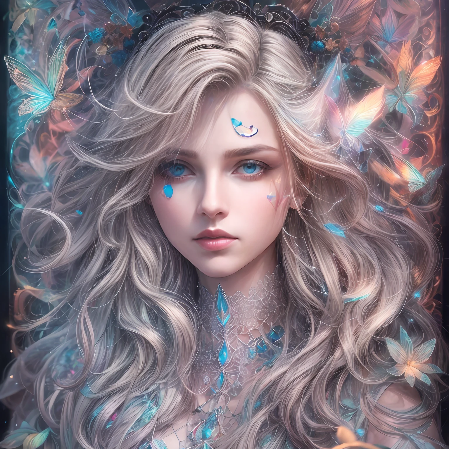 (Hologram:1.5)(Beauty side face,Delicate facial features,long whitr hair,eye closeds,Masterpiece Narcissus),with rainbow colored background,(illustratio:1.3,paper art:1.2, zentangle ,3Drenderingof),(best qualtiy,high detal,tmasterpiece,Cinematic lighting effects,4K,Chiaroscuro)
