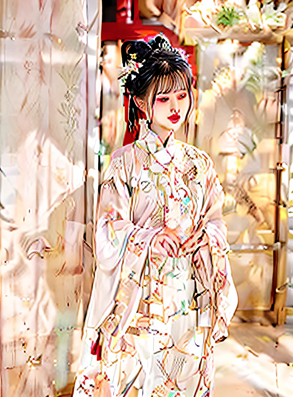 An Arad woman in a white dress stood in front of the door, Chinese dress, Cheongsam, Chinese style, Chinese traditional, Traditional Chinese clothing, Chinese girl, Chinese costume, with acient chinese clothes, Chinese woman, Wearing ancient Chinese clothes, Wearing a red cheongsam, White Hanfu, with ancient chinese aesthetic, style of guo hua