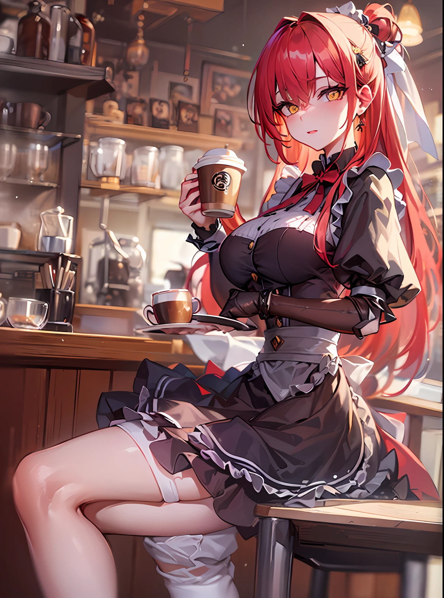 ((masterpiece)), ((best quality)), 1girl, long hair, big bust, very long red hair, yellow eyes, ((maid clothes)), short skirt, exposed skin, luminous clothes, ((coffee shop)), stockings, good anatomy, heels, evil, intimidant, bloody, standing, ((beautiful eyes)), coffee background, close up, ((detailed eyes)), beautiful eyes, hair bang, frontal look, detailed lines, high quality, ((extra detailed face))
