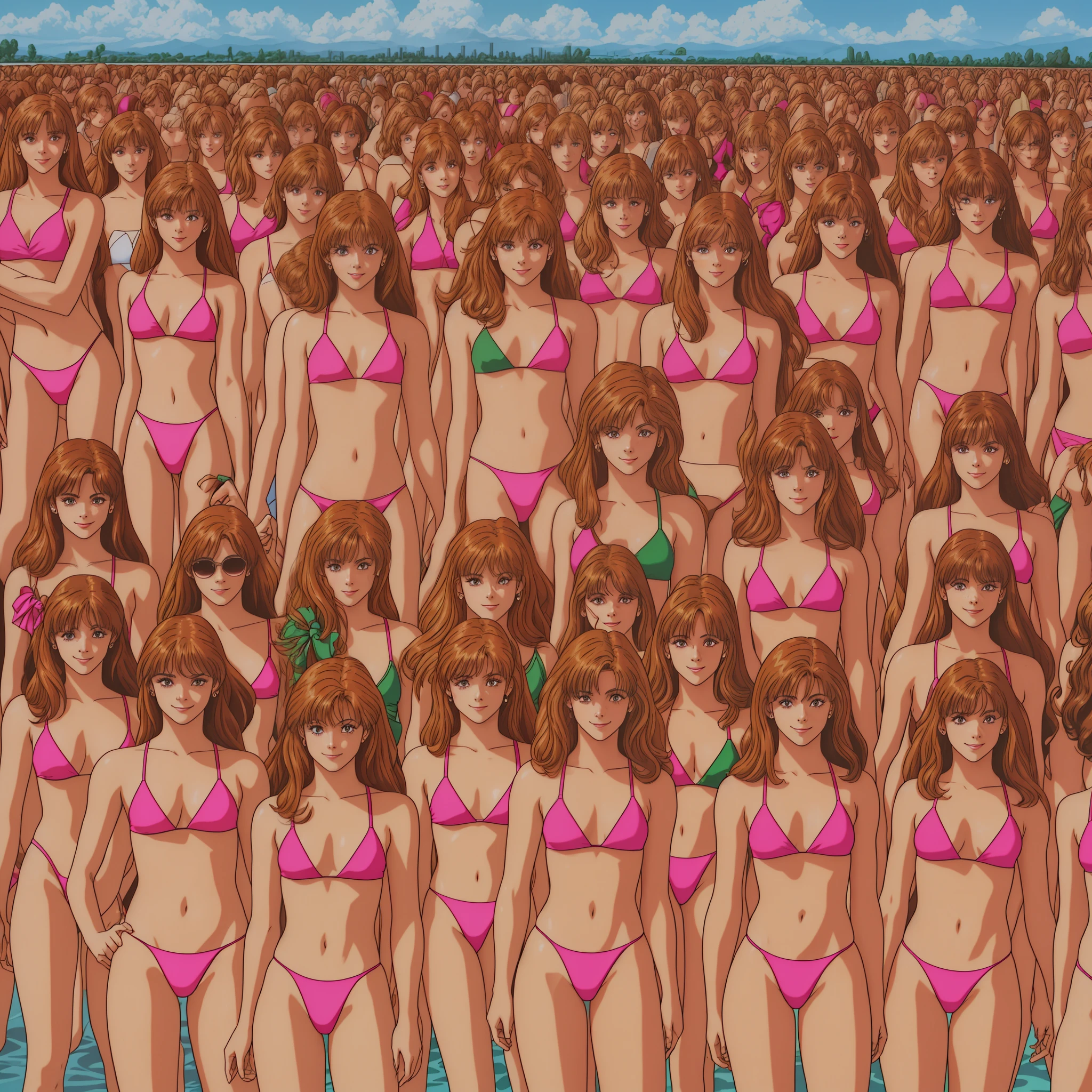 RETRO ARTSTYLE, 1990S (STYLE), {{{{many clones}}}}, {{{{{Thousands of,crowd of}}}}},{{The same face,same appearance}}, {{{{brown long hair}}}}, {{{{pink bikini}}}}, smile