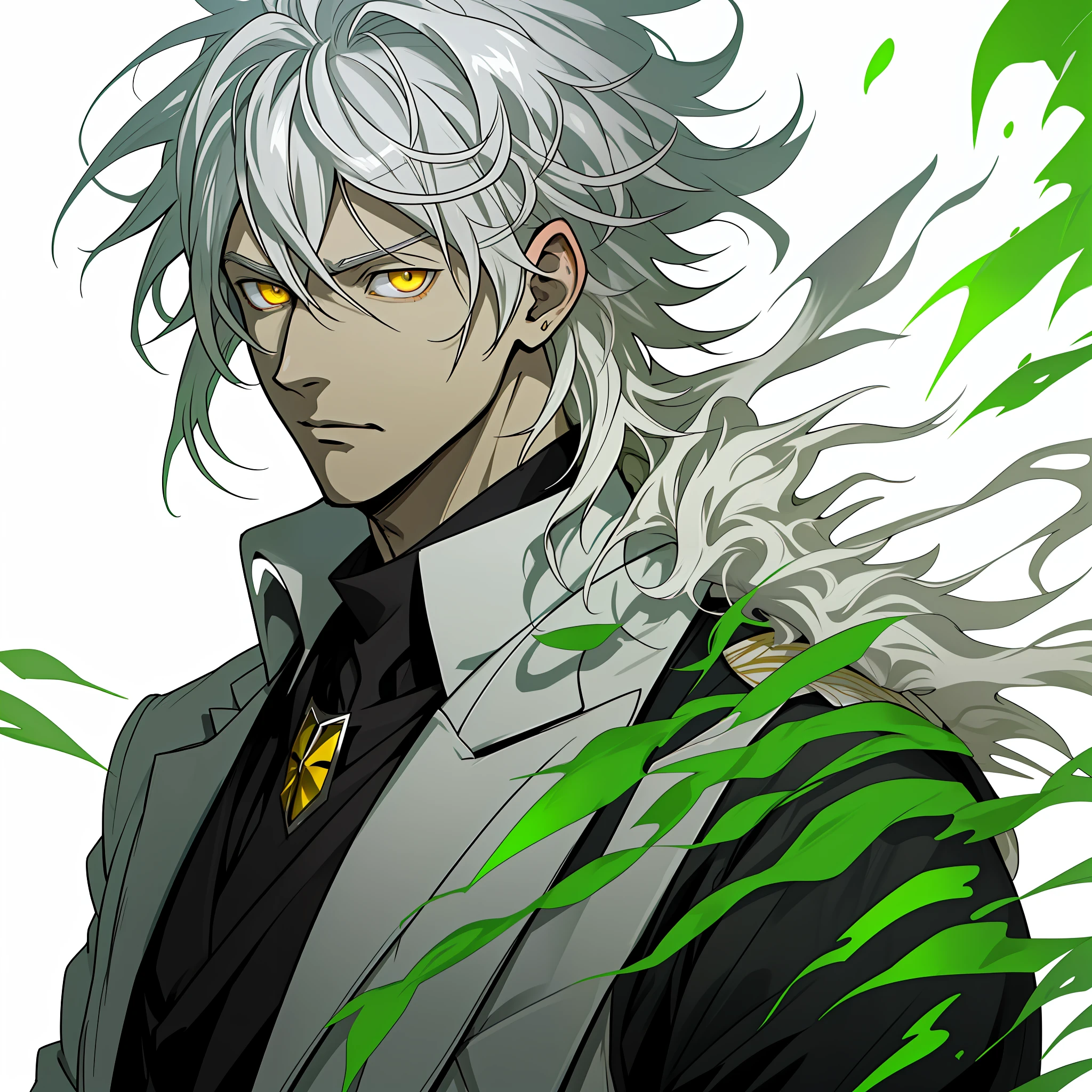 Anime characters with white hair and yellow eyes standing in front of a green tree, hajime yatate, White-haired god, nagito komaeda, koyoharu gotouge, Anime portrait of a handsome man, Tall anime guy with yellow eyes, Anime handsome man, a silver haired mad, white haired Cangcang, handsome guy in demon killer art, offcial art