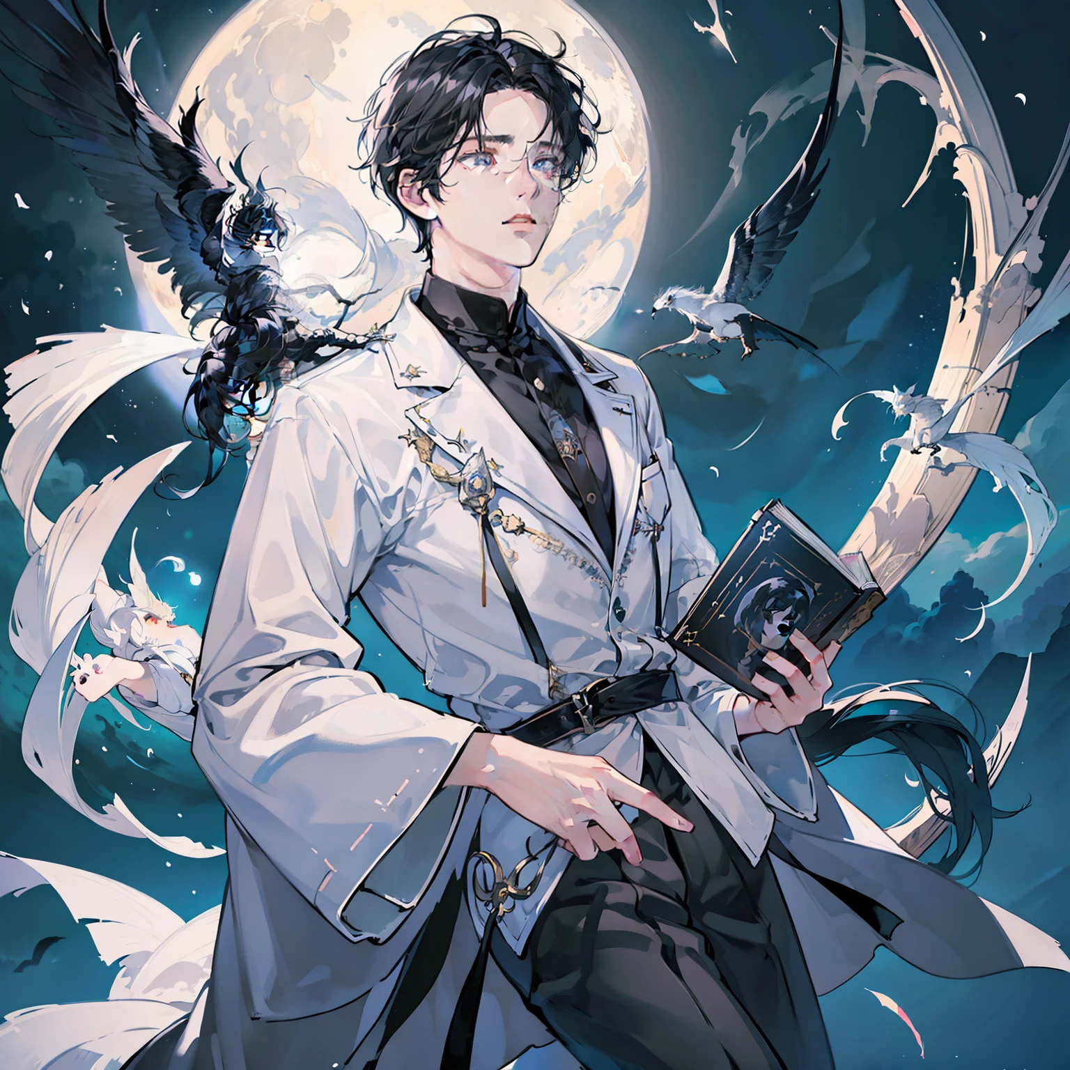 masterpiece, (best quality:1.2), (ultra-detailed:1.2), illustration, (an extremely delicate and beautiful:1.2),cinematic angle,floating, (beautiful detailed eyes:1.1), (detailed light:1.1),cinematic lighting, beautifully detailed sky, man, black hair, black eyes, white coat, black shirt, black shoes, black pants, glowing eyes, (moon:1.2), (moonlight:1.1), starry sky, (lighting particle:1.1), library background