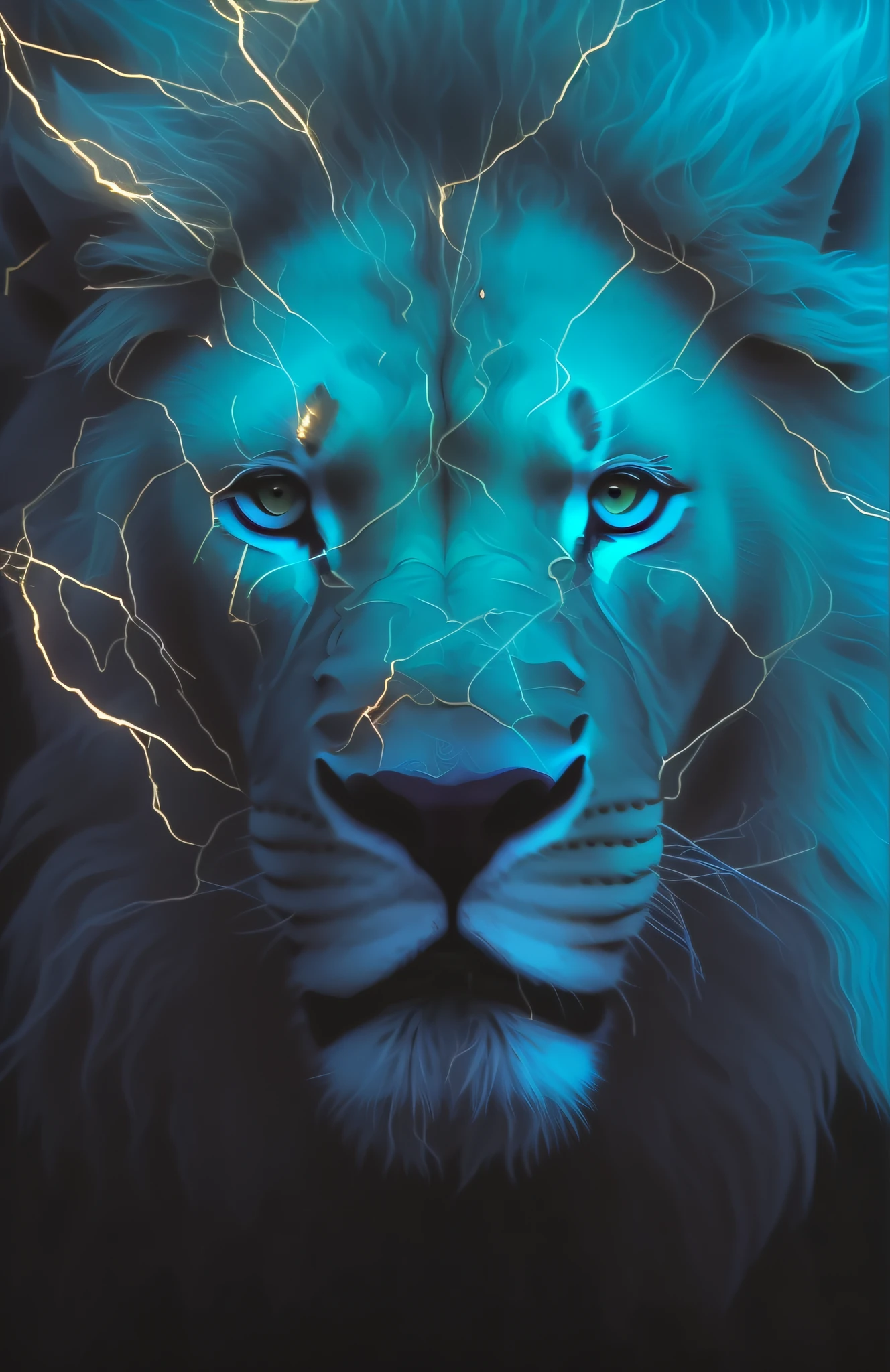 Painting of a lion with king's crown and a blue mane and lightning in the background, Roaring Blue Lion. majestoso, Directed by: Adam Marczyński, Lion, Directed by: Adam St. Peter's, Aslan the Lion, lions, lion warrior, awesome art, eletrizante, Fire Lion, half lion, forte e feroz, Lion's Gate, lion icon