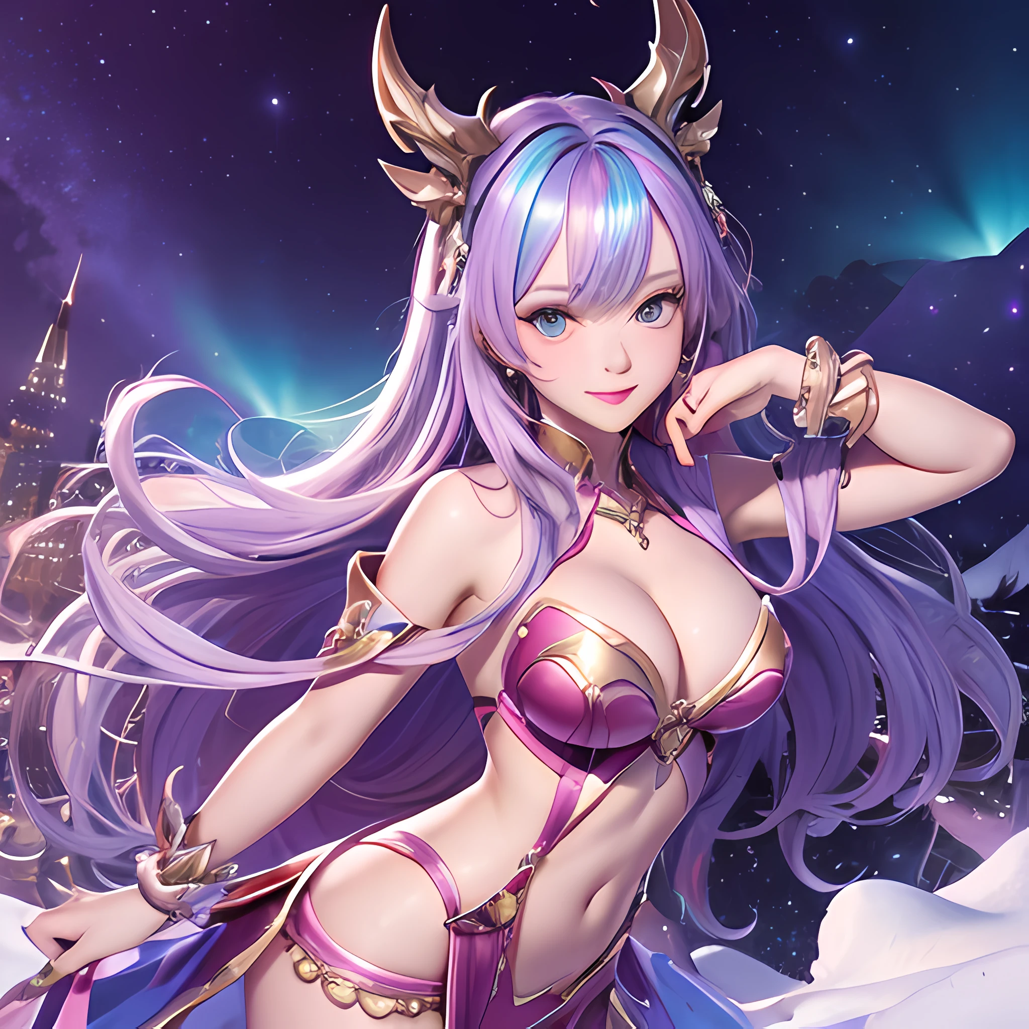 Iridescent hair, full body Esbian,exposing the skin、独奏、Aurora、snow mountains、Pink costume、The upper part of the body、cleavage of the breast、a navel、wince, sexy pose、Model-like posture、Soft smile、 The upper part of the body、longeyelashes, Solid Circle Eyes, ssmile, ear blush, tusk, high-heels, star-shaped pupils, Heart Earrings, Mouth hold, surrealism, drop shadow, anaglyph, stereograms, Atmospheric perspective, 8K, Super Detail, ccurate, Best Quality, nffsw,