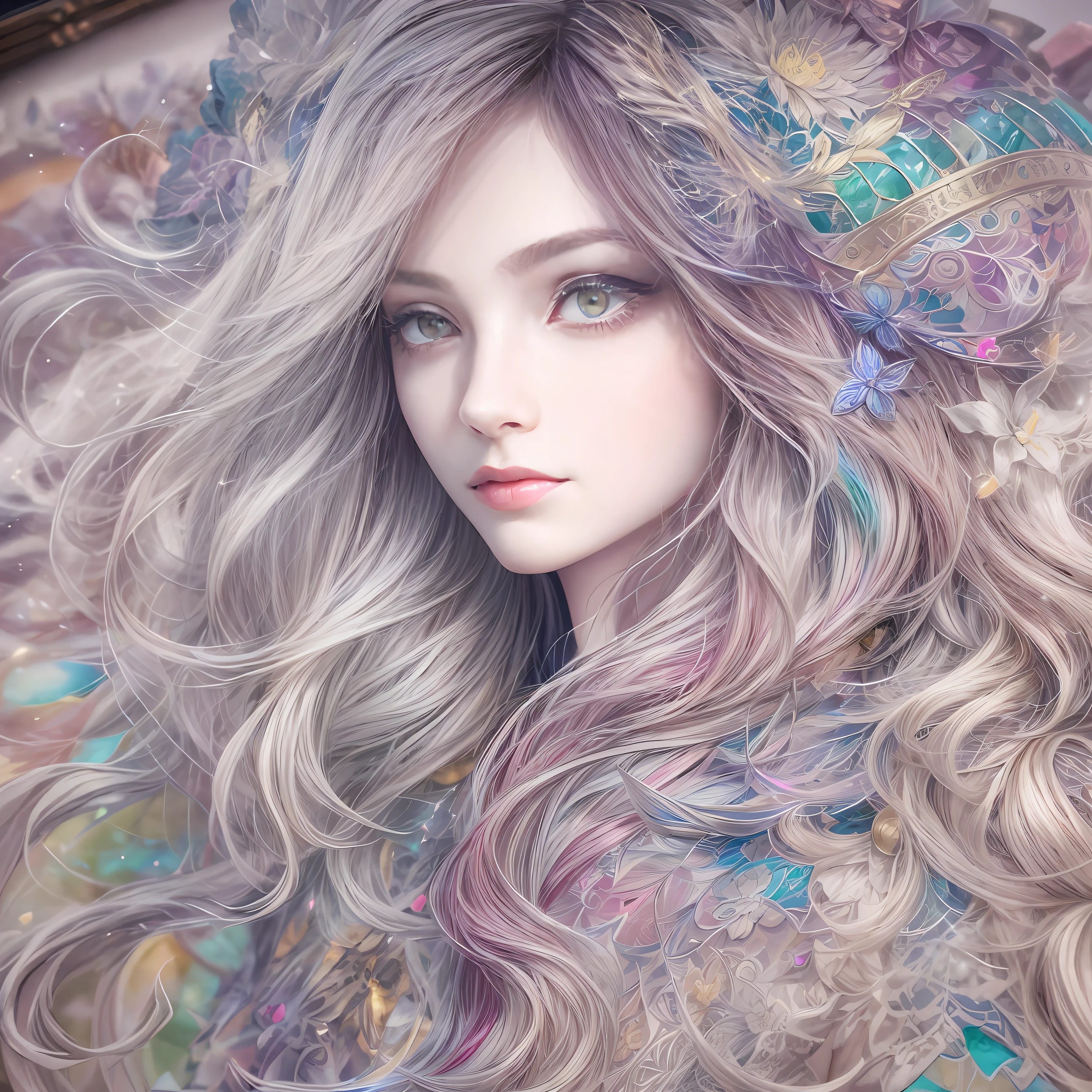 (Hologram:1.5)(Beauty side face,Delicate facial features,long whitr hair,eye closeds,Masterpiece Narcissus),with rainbow colored background,(illustratio:1.3,paper art:1.2, zentangle ,3Drenderingof),(best qualtiy,high detal,tmasterpiece,Cinematic lighting effects,4K,Chiaroscuro)