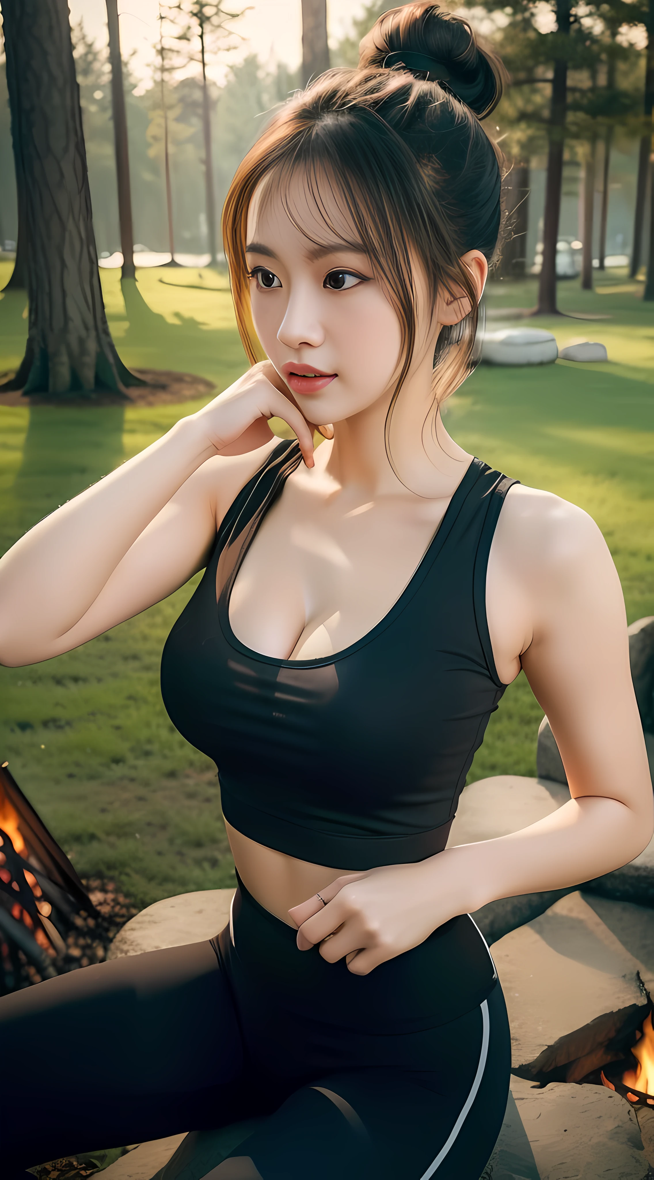 Realistic campfire,best qualtiy,Photorealistic 8K,best qualtiy,tmasterpiece,realisticlying,Photorealistic,a beauty girl,With a ponytail,Looks sweet,Medium chest,There is cleavage。Wear yoga pants,Sport Tank Top。Wink seductively
