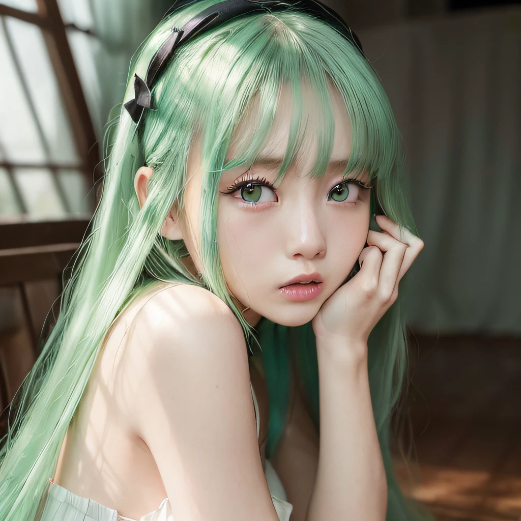 top-quality、超A high resolution、(Photorealsitic:1.4)、(Green Longhair:1.3)、(azur lane\)、1girll、(KPOP Idol)、nsfw、slenderbody、Behold、cute little、finerly detailed face、Contrapo、Smooth skin、parfect anatomy、White camisole、Pure black pleated skirt、A city scape、natta、Rain wet type、Professional lighting、Shopping mall rooftop café、outside of house、no teeth、8K Wallpapers
