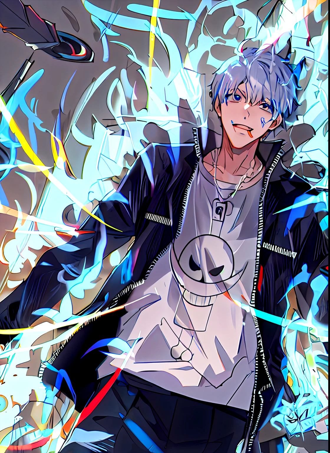 Anime characters with black jacket and white shirt with blue and yellow design, Best anime 4k konachan wallpaper, a silver haired mad, trigger anime artstyle, kaneki ken, Badass anime 8 K, 2 d anime style, digital art from danganronpa, kaneki ken, Tall anime guy with blue eyes