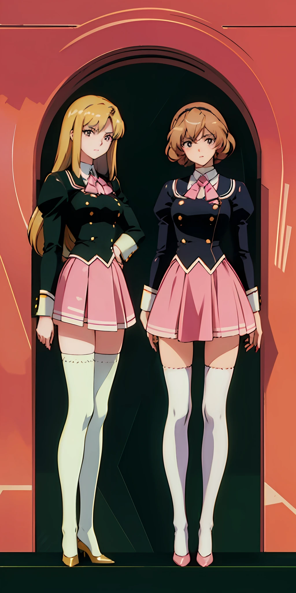 ((Masterpiece, highres)), 2girls, duo, twins, ((one brown haired girl, one blonde girl)), long hair, curly hair, matching hairstyles, different hair color, confident, elegant, rich girls, (((matching outfits, identical outfits, pink school uniforms, sexy school uniforms, white thighhighs, long white socks, black high heels))), standing at attention, shoulder to shoulder, same pose, mansion, RETRO ARTSTYLE, 1990S (STYLE)