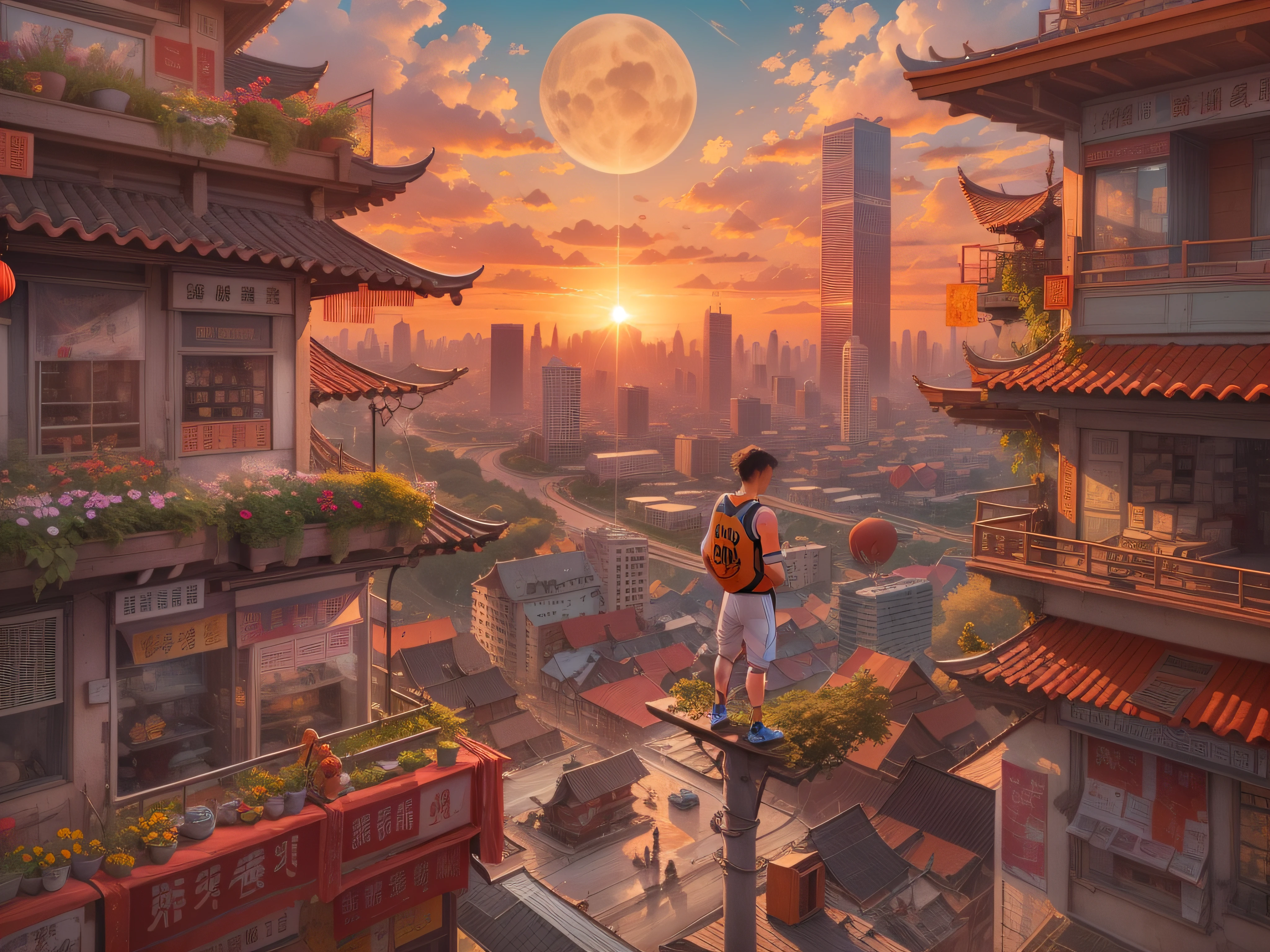 An aerial view of a Chinese city skyline painting, with a Chinese youth wearing basketball jersey and sneakers standing on a rooftop, looking down on all challengers. The setting sun is positioned right in the center of the frame. Close-up shot. The background elements are highly detailed, with many intricate details, a close-up of the face, epic feeling, shining eyes, detailed city buildings.