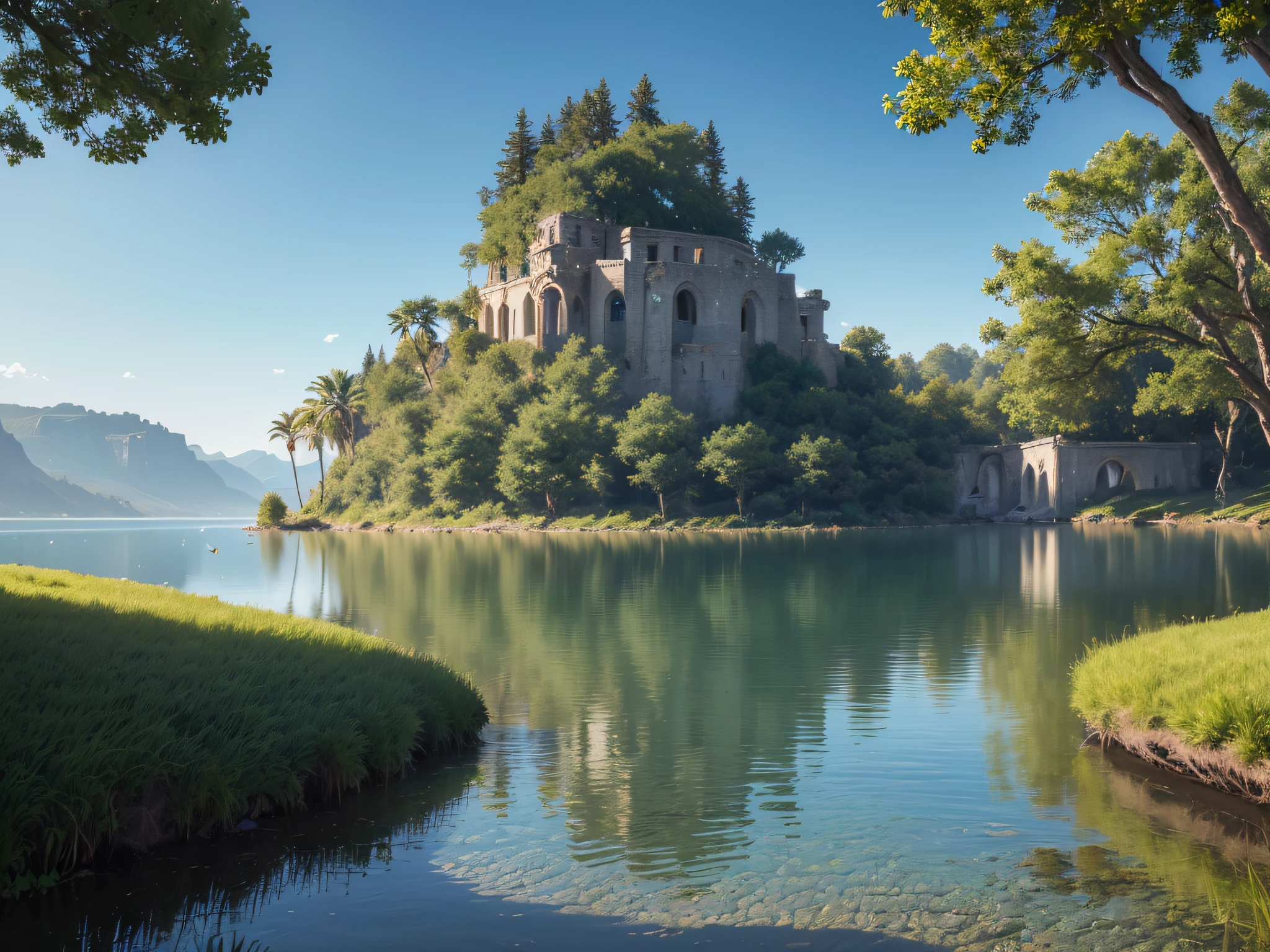 (8k, RAW photo, best quality, mastery:1.2), (realistic, photo-realistic:1.37), Octane render, ultra high res, ultra-detailed , professional lighting, photon mapping, radiosity, physically-based rendering, ue5, ((Island sanctuary)), ((The ancient kingdom of the Fallen)), ((Reflection in the water)), ((Ray traching)), ((Submerged cities)),nature scenes,scenecy,photography of,Ultra photo realsisim