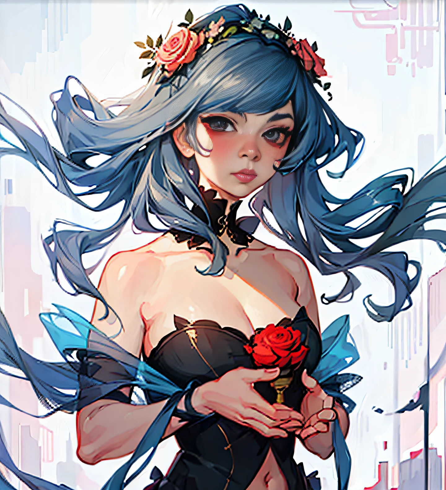 a drawing of a woman with a flower crown holding a perfume bottle, loish and wlop, loish art style, artwork in the style of guweiz, high quality portrait, cyberpunk flowerpunk, by Yang J, in the art style of bowater, holding magic flowers, 🌺 cgsociety, digital art from danganronpa