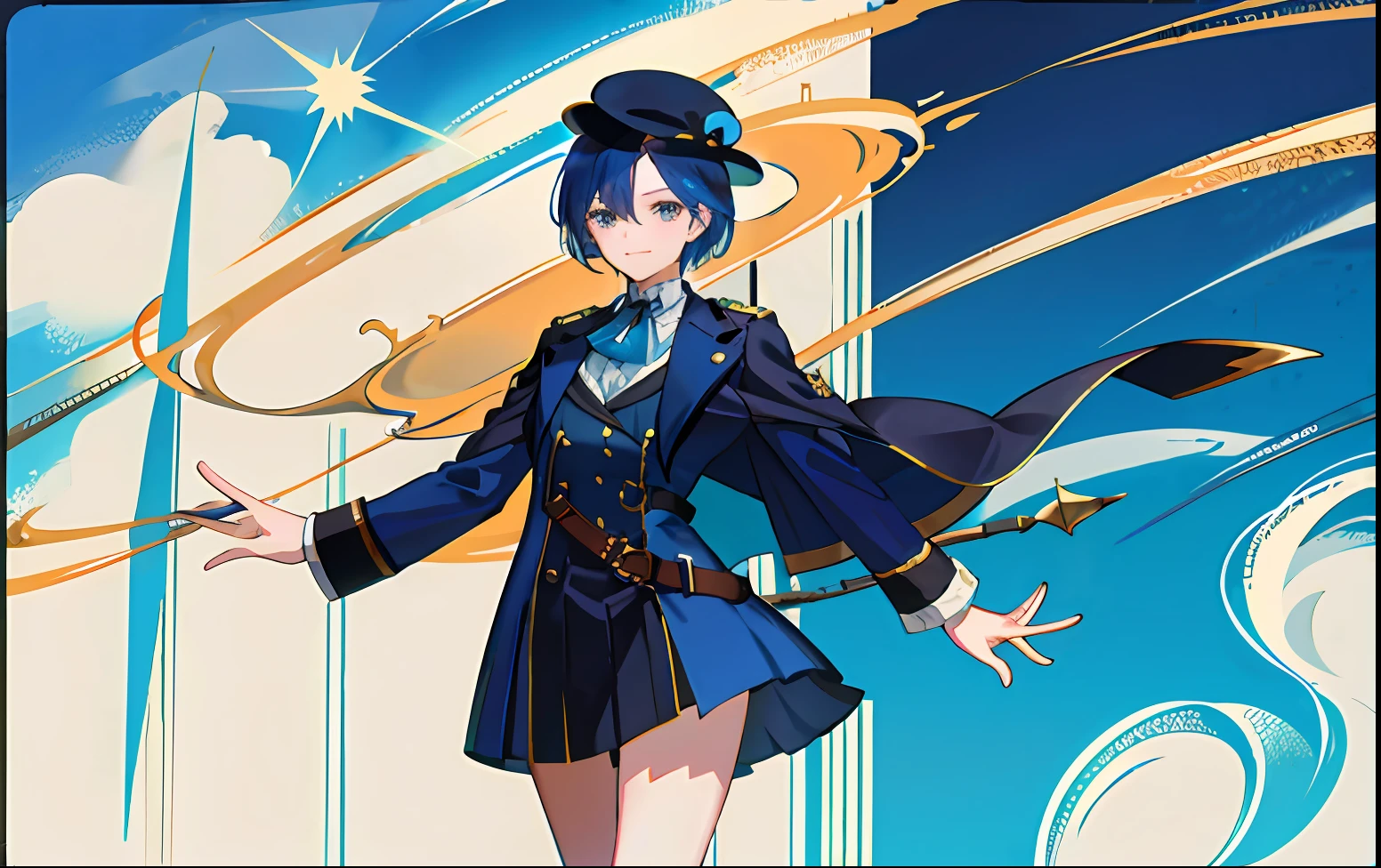 1girl, French flag emblem，blue short hair ，Long blue coat，Bowler hat，Domineering，goldtrim