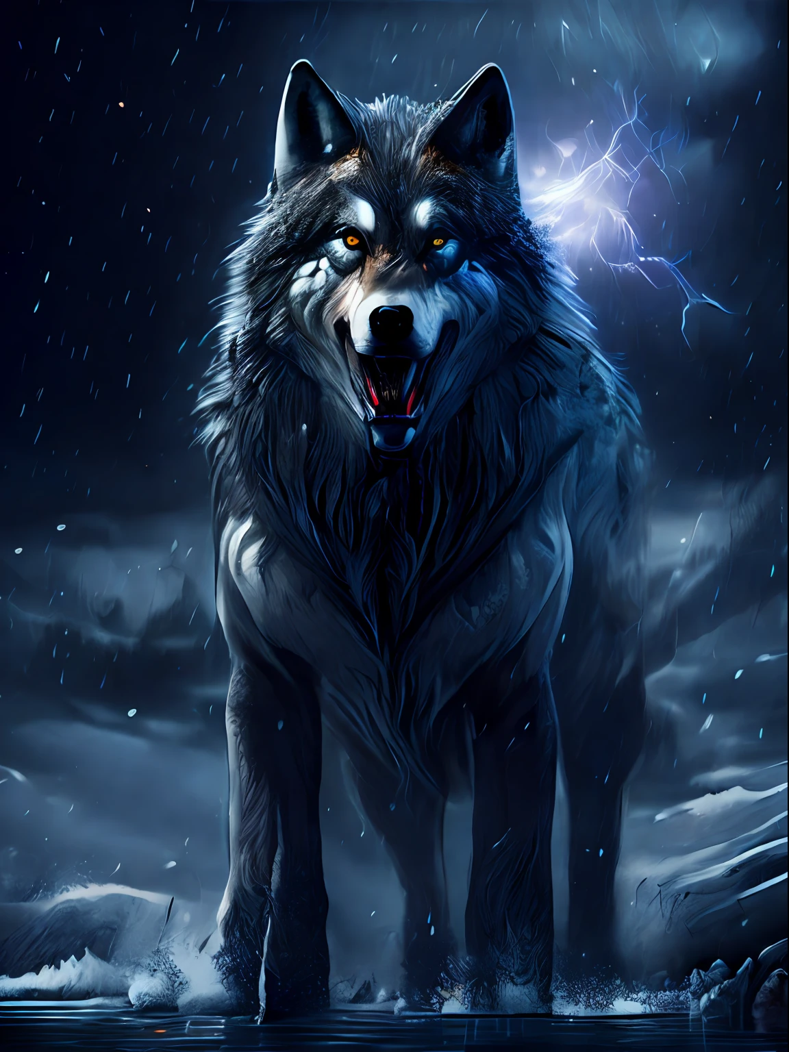Wolf god, hyper realistic, tension, cold, highly detailed, sharp focus, professional, 8k UHD, cinematic, dark, violent, outdoor, River, battle, chase, dramatic, vivid, nervous vibe, render, epic, twilight, HDR, album cover, blizzard, lightning, cataclysmic