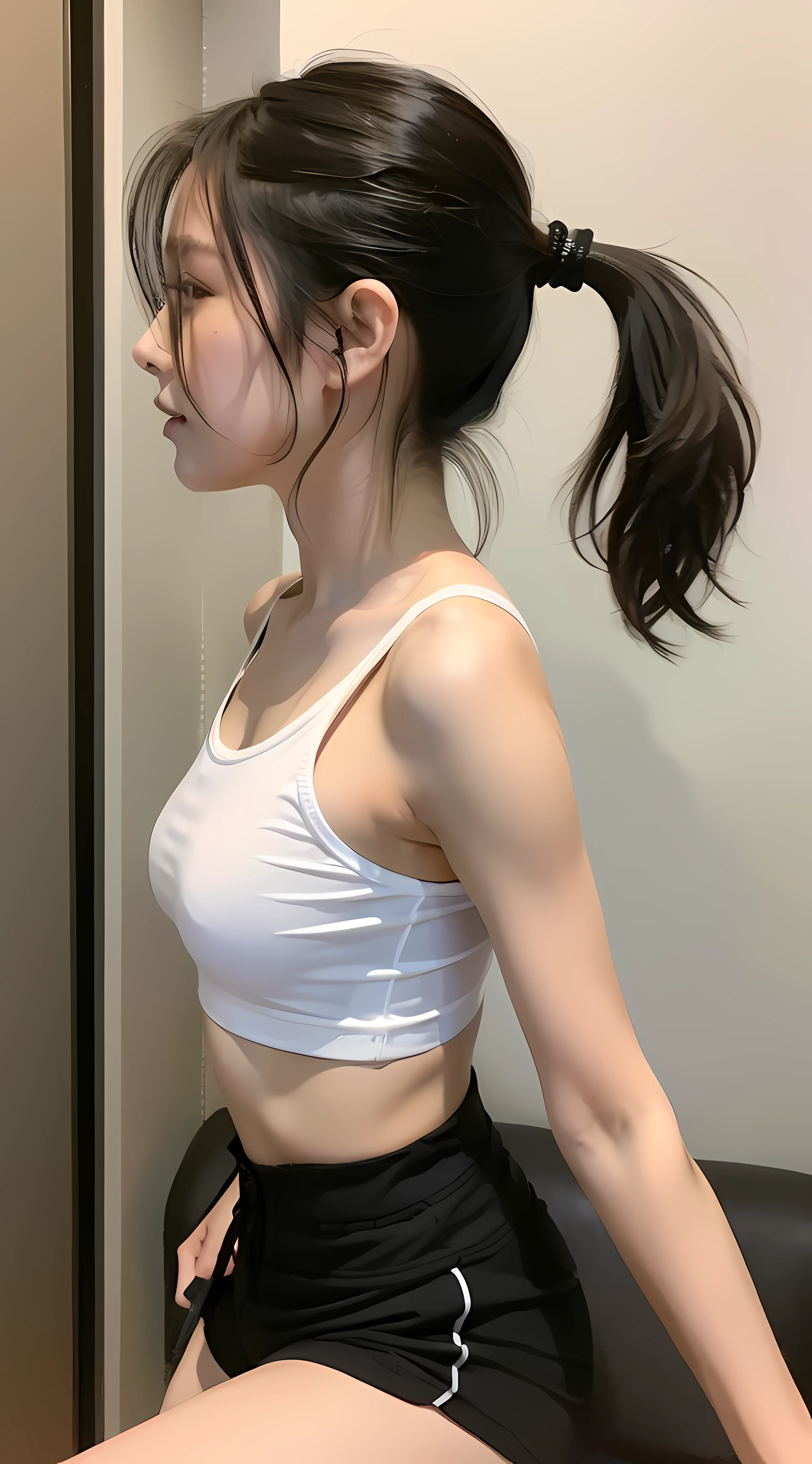 8K分辨率,超高分辨率,Best quality at best,Perfect details of the human body,Best image quality,a beauty girl,Black double ponytail,No shirt,Didn't wear shorts