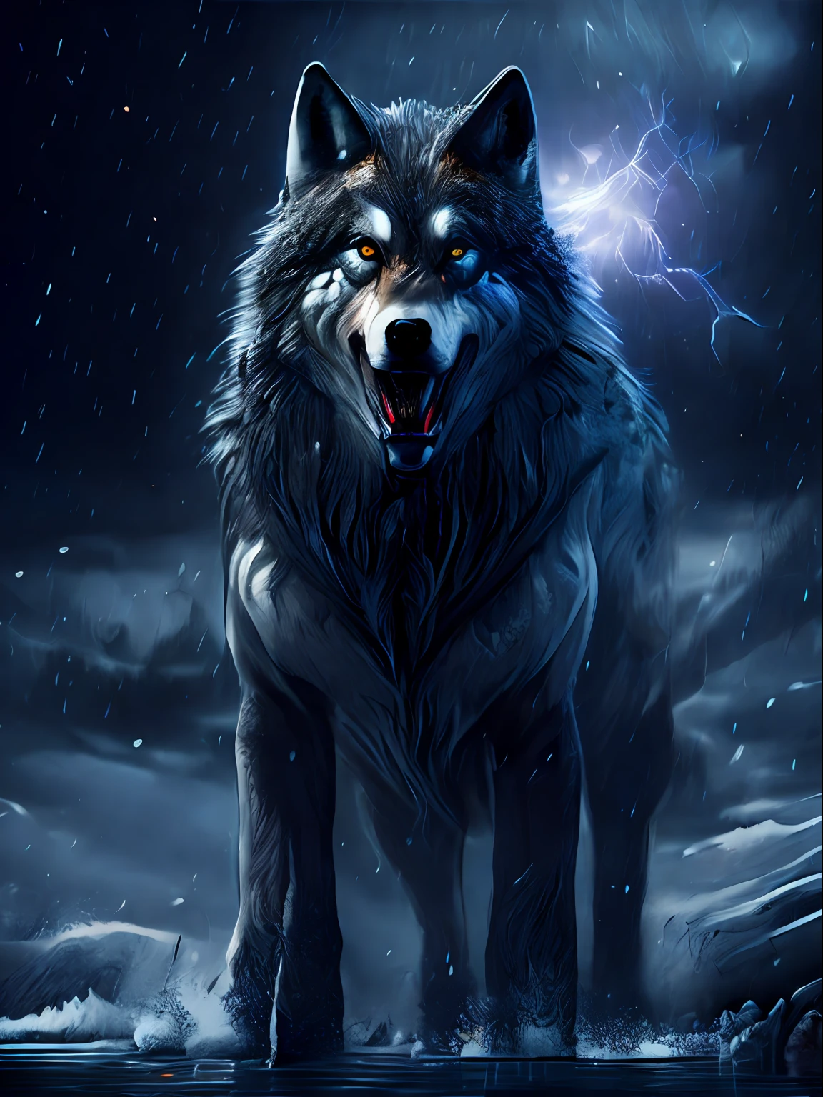 Wolf god, hyper realistic, tension, cold, highly detailed, sharp focus, professional, 8k UHD, cinematic, dark, violent, outdoor, River, battle, chase, dramatic, vivid, nervous vibe, render, epic, twilight, HDR, album cover, blizzard, lightning, cataclysmic