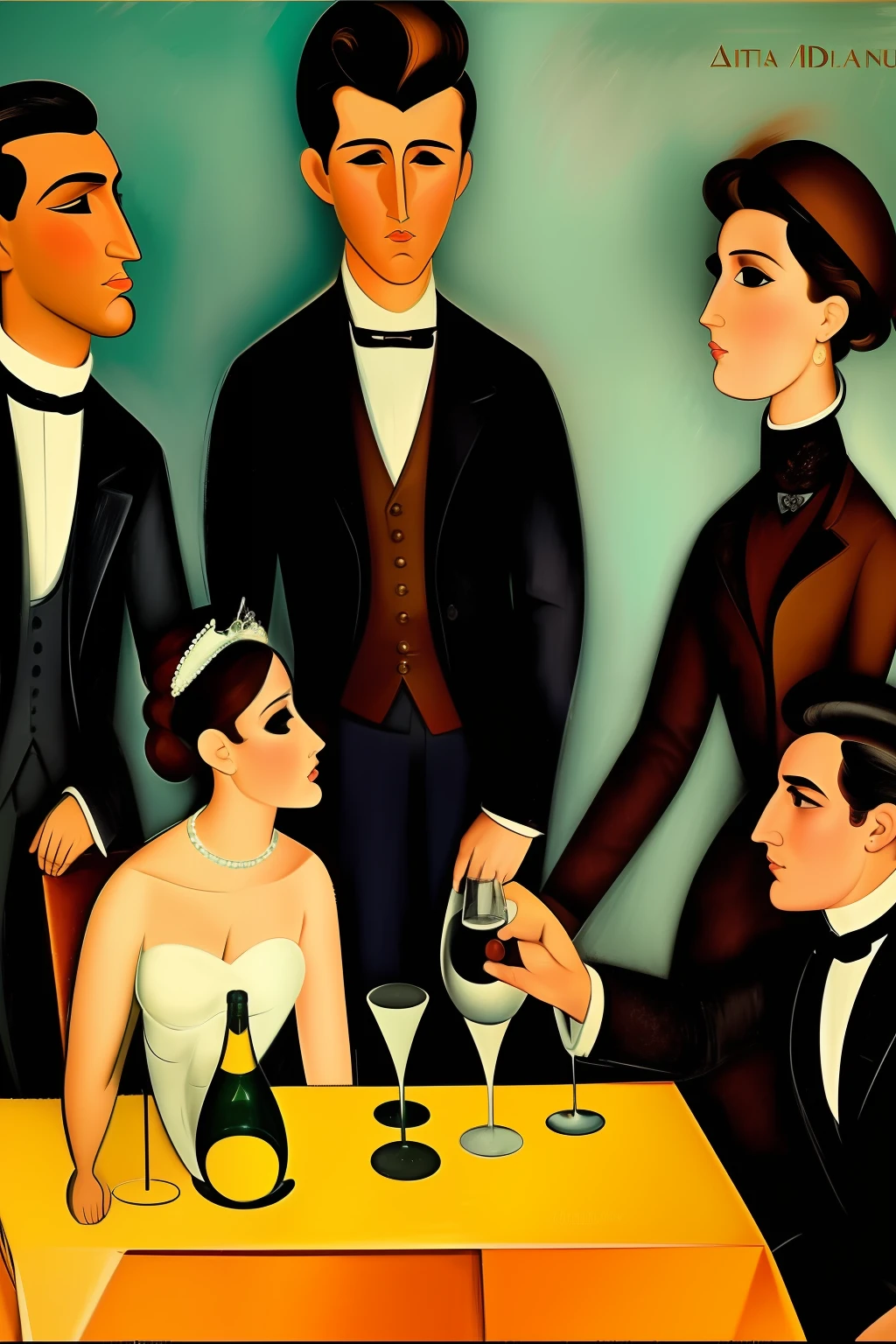 4 personajes femeninos y masculinos , Gala dresses toast with champagne in a Paris restaurant in the early 20th century, los invitados son ((characters from the works of Amedeo Modigliani seated according to the composition of the image to be generated , otros personajes de pie en el fondo o a los lados))cinematography lighting, ultra detallado, Pintura digital, Artstation, arte conceptual, Suave, foco nítido, illustration, (piel alta y detallada:1.2), 8k UHD, DSLR, Soft lighting, alta calidad, Film grain, Fujifilm XT3 mix4 Wildstyle RAW foto,