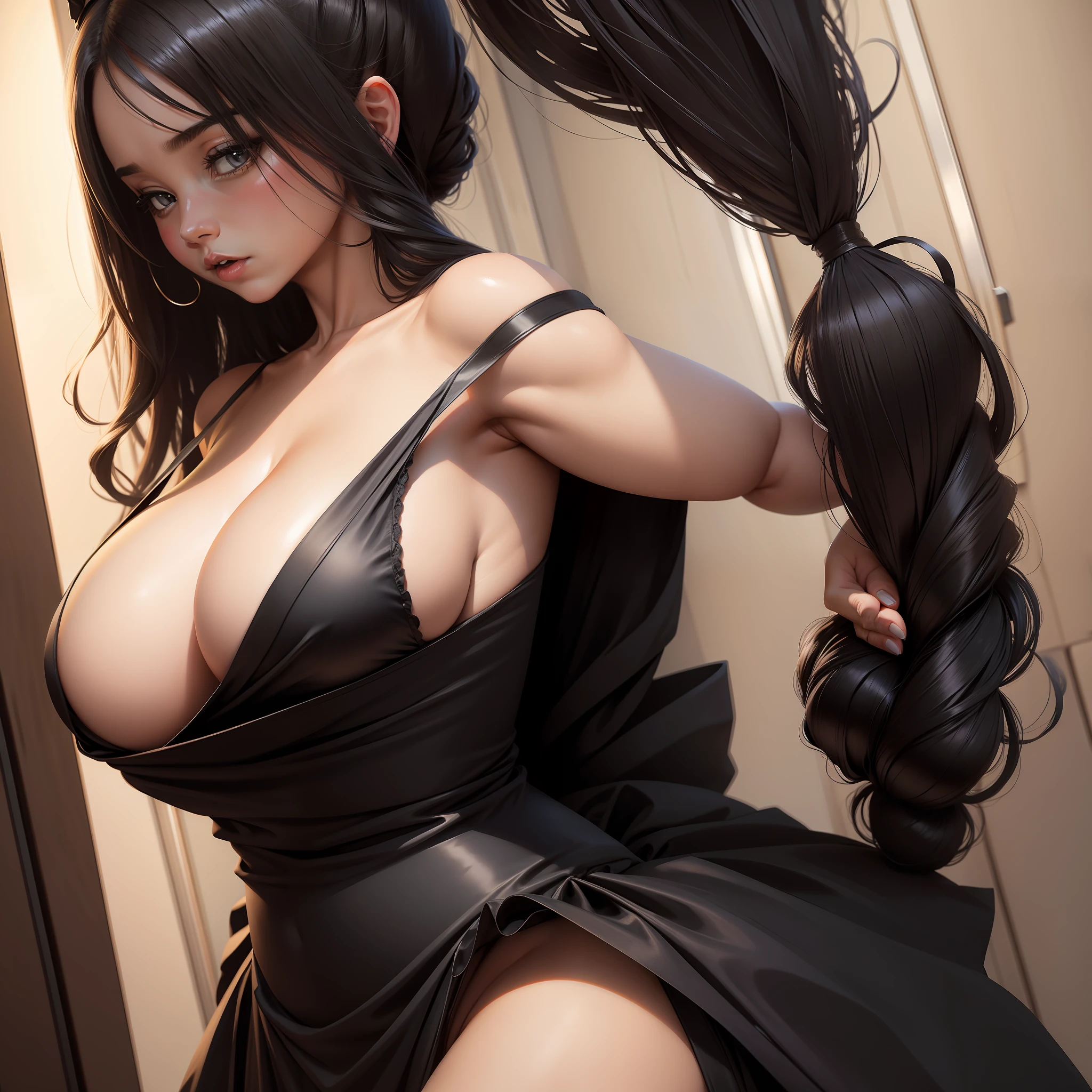 Big breasts black silk maid