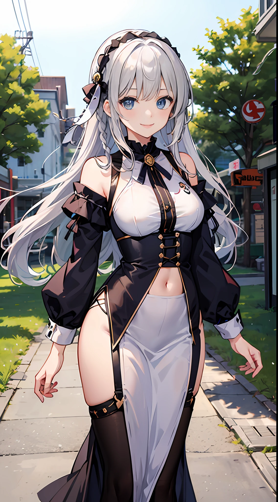 kizuna akari,silver hair,blue eyes,voice roid,long braid hair, Show from the hips to the shoulders, smile, outdoors, absurdres,