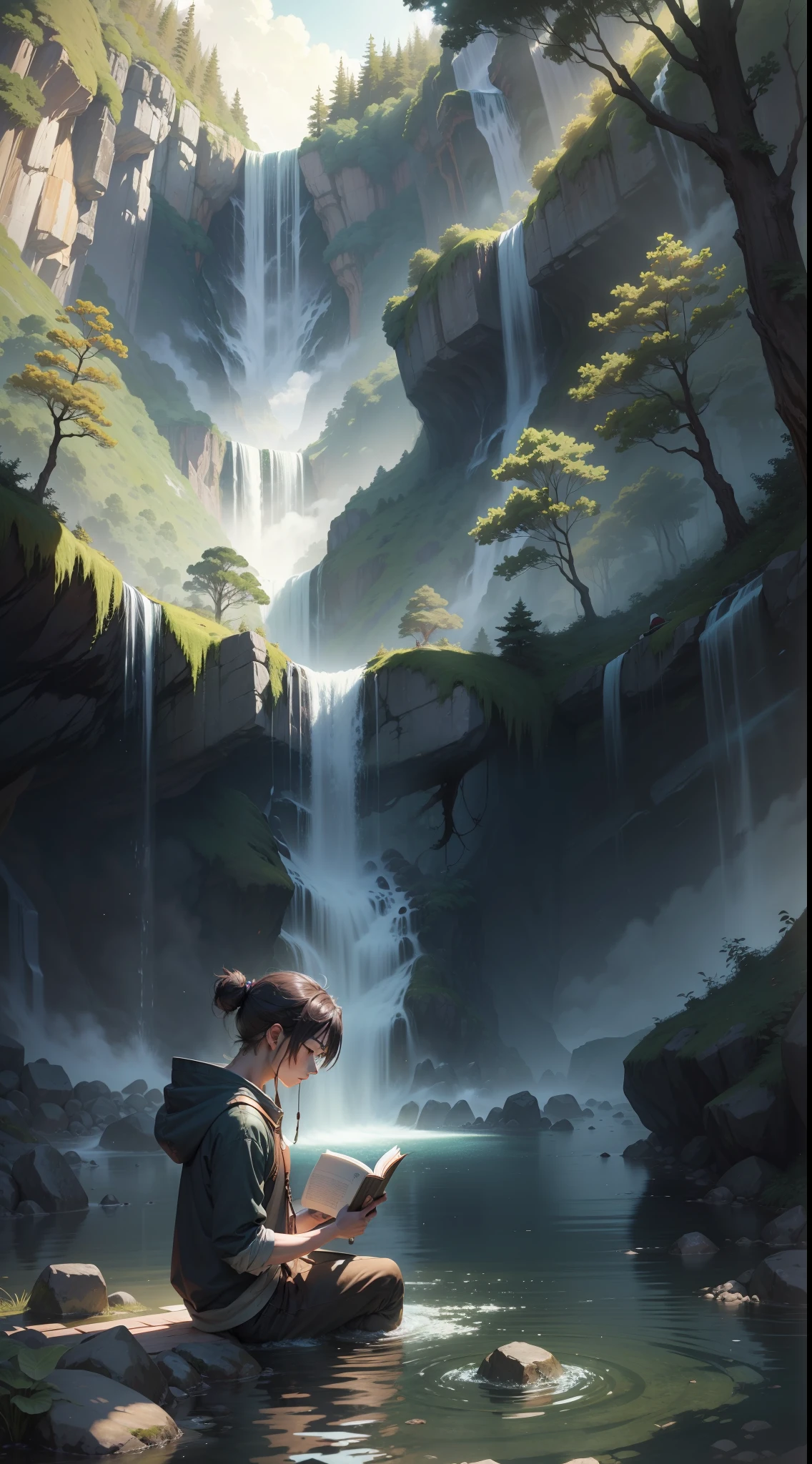 Anime character immersed in a tranquil forest environment, engrossed in a book, adjacent to a majestic waterfall.