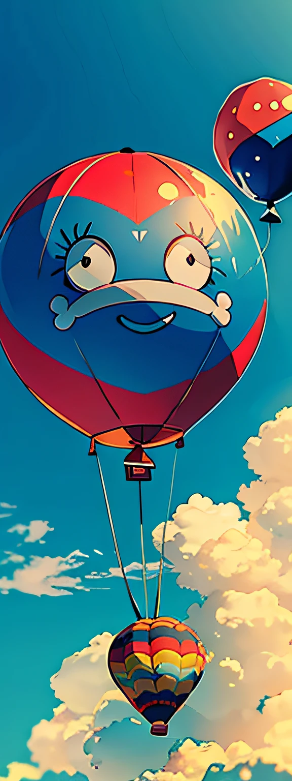 a little balloon all decked out. Embaixo dela tem um fogo aquecendo. The balloon has eyes, mouth with eyelashes and nose. Desenho da disney. The shape of the balloon is of diamond.