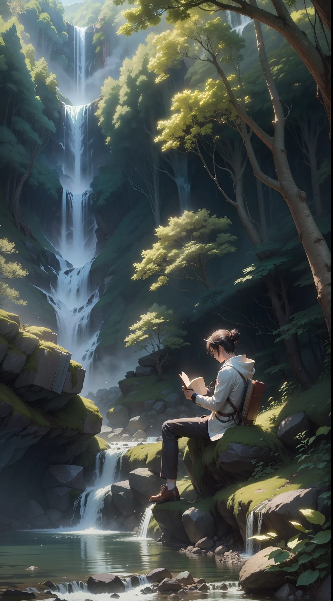 Anime character immersed in a tranquil forest environment, engrossed in a book, adjacent to a majestic waterfall.