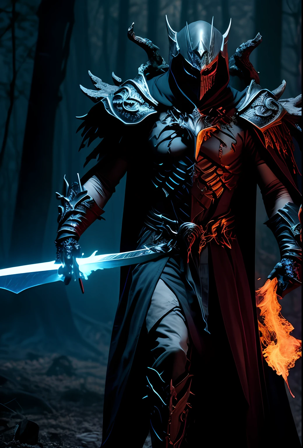 ((best quality)), ((masterpiece)), ((inked)), darkly moody professional photograph by jim lee, night time, ((skeletal)), emaciated, dark twisted haunted corrupted woods, a horrid spectral male lich, ((close up body shot)), evil detailed face, dangling chains, lich king, intricately detailed tattered see through robes of office, black feathered wings, tombstones littered amongst the gnarled leafless trees, jet black bastard sword wreathed in blue spectral flame, burning halo, dark swirling smoke like malevolent energies, ((low hanging volumetric mist))),cinematic Film still from (cannibal holocaust:0.5)|(Scary Stories To Tell In the Dark:0.2)|(doom:0.2)|the void|the lord of the rings