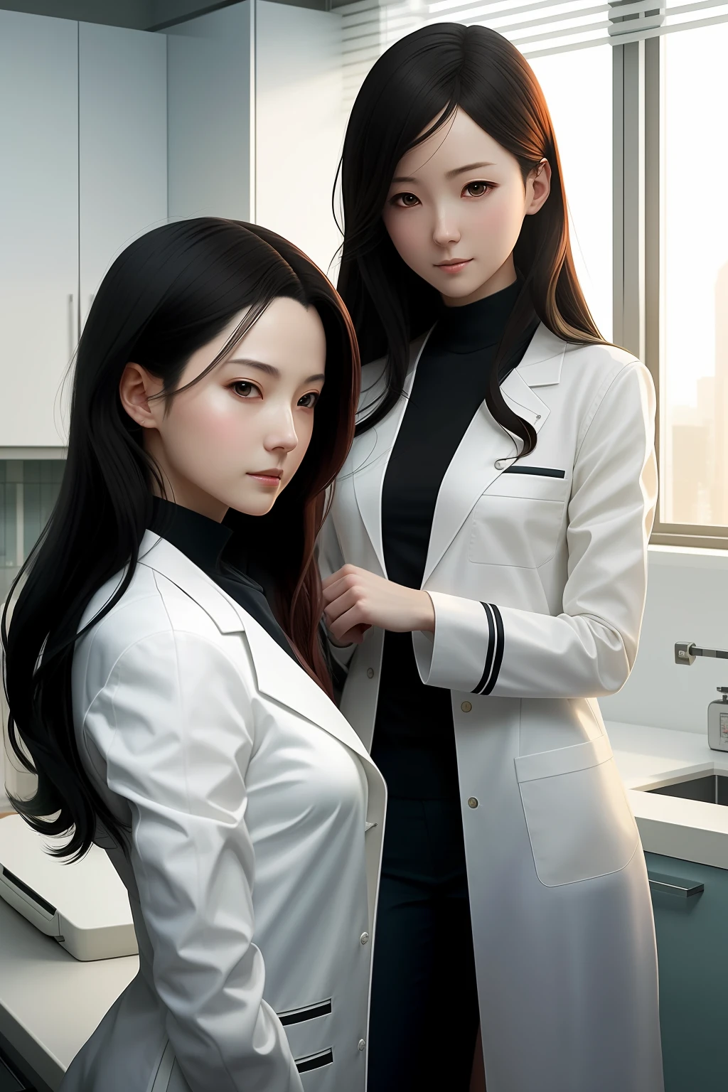 Two women in white coats stood side by side in the kitchen, beautiful sci - fi twins, Range Murata and Artgerm, wearing lab coat and a blouse, Ruan Jia and Artgerm, Artgerm and Ruan Jia, labcoat, White coat, With a lab coat, wearing a lab coat, Guviz-style artwork
