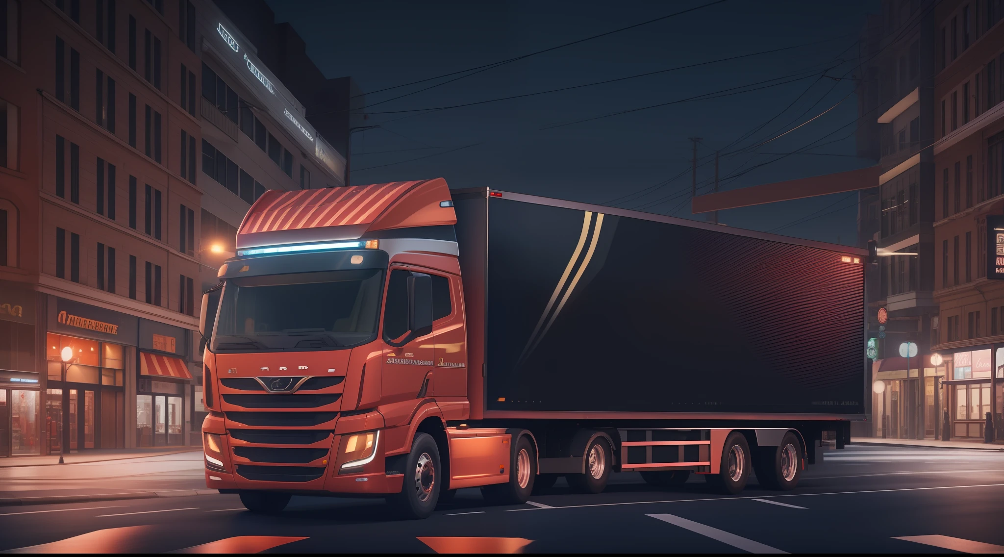 arafed truck driving down a city street at night, a digital rendering by Jakob Gauermann, trending on cg society, digital art, 8k octae render photo, 8 k cg render, rendered in v-ray, photo render, rendered in corona, 3 d render of jerma 9 8 5, created in octane render