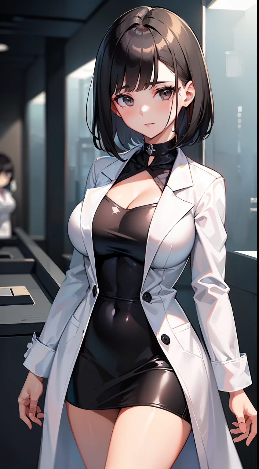 ​masterpiece、top-quality、hight resolution、profetional lighting、anime styled、Details of the face and clothes、Solid white background 、1womanl、Upper body shot from the front、(Beautiful busty female doctor in a white coat standing facing the front :1.3)、Seductive adult woman、Age is about 30 years old、(Mature face and body :1.1)、Turn your face and look straight ahead、(Wearing a researcher's lab coat、cleavage of the breast、鎖骨、short tight skirt :1.2)、(Black eyes、short medium hair、A dark-haired、asymmetrical bangs :1.4)、A slight smil、Too beautiful breasts