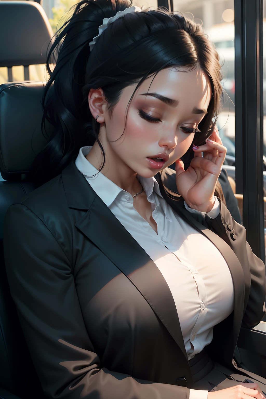 1 beautiful woman, dressed in sexy clothes, big body, big cheeks, painted eyelids, formal black jacket, white shirt, eyes closed, mouth open drooling, long eyelashes, face made up, sleeping with her mouth open, sleeping sitting on the back seat of the bus, hair tied up in a ponytail, black bag, head up with open mouth