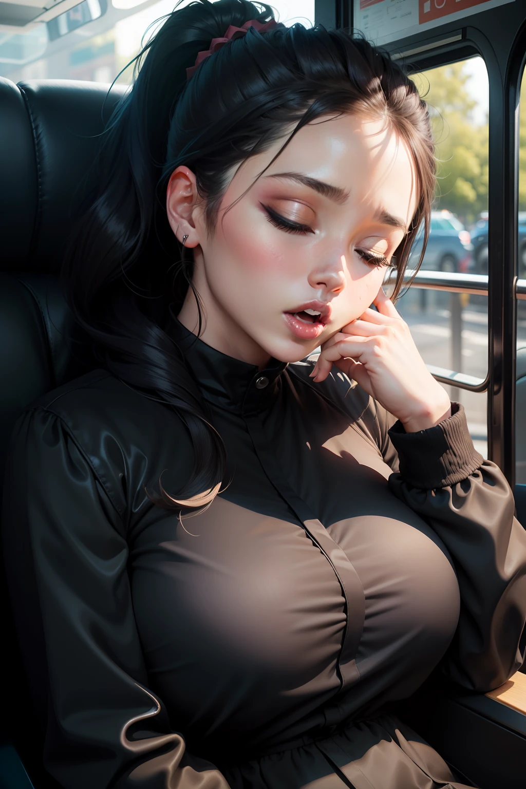 1 beautiful woman, dressed in sexy clothes, big body, big cheeks, painted eyelids, formal black jacket, white shirt, eyes closed, mouth open drooling, long eyelashes, face made up, sleeping with her mouth open, sleeping sitting on the back seat of the bus, hair tied up in a ponytail, black bag, head up with open mouth