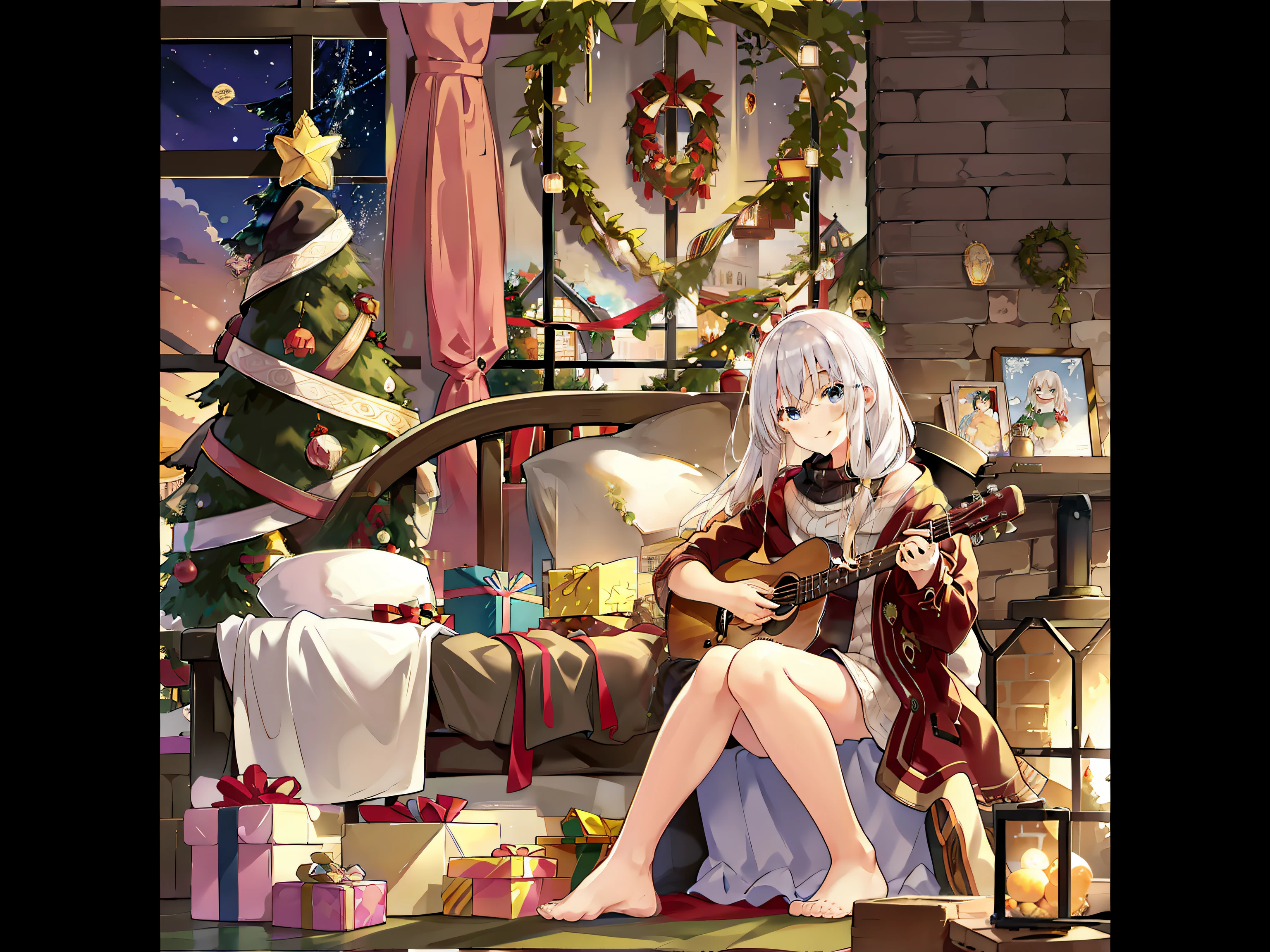 Under the Christmas tree sits a boy playing guitar，cozy wallpaper, Christmas evening, cozy home background, Cosy, official fanart, 🪔 🎨;🌞🌄, cute illustration, cozy place, cute artwork, by Puru, winter time, cozily, 8K)), very cozy, happy cozy feelings, Warmth,There was a Muppet snuggled up next to him