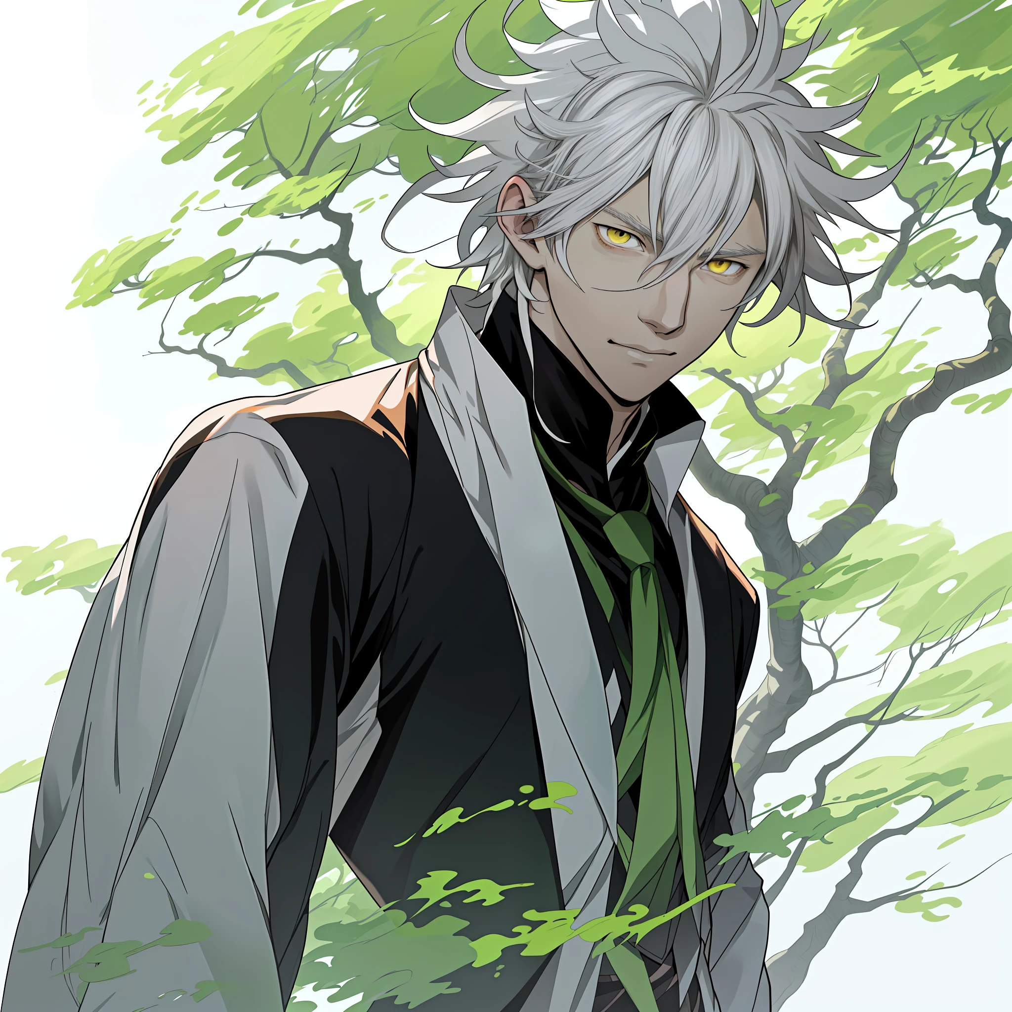 Anime characters with white hair and yellow eyes standing in front of a green tree, hajime yatate, White-haired god, nagito komaeda, koyoharu gotouge, Anime portrait of a handsome man, Tall anime guy with yellow eyes, Anime handsome man, a silver haired mad, white haired Cangcang, handsome guy in demon killer art, offcial art