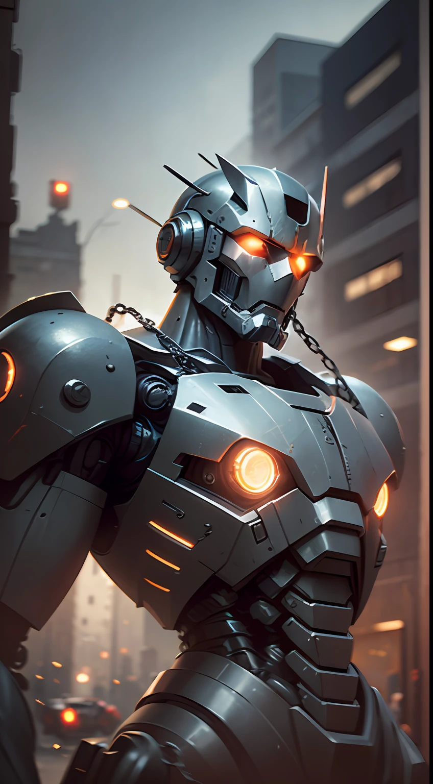 dvMech, 85mm, f1.8, robot portrait, dark matte smooth ceramics, intricate design, very detailed, fine details, extremely clear lines, cinematic lighting, realistic photos, a detailed masterpiece, Dark_Fantasy, Cyberpunk, (chain saw, chain saw man, Red:1.1), 1man, Mechanical marvel, Robotic presence, Cybernetic guardian, in shabby mech suit, intricate, (steel metal [rusty]), elegant, clear focus, photographed by greg rutkowski, soft lighting, bright colors, masterpiece, ((street)), cowboy shooting, dynamic pose