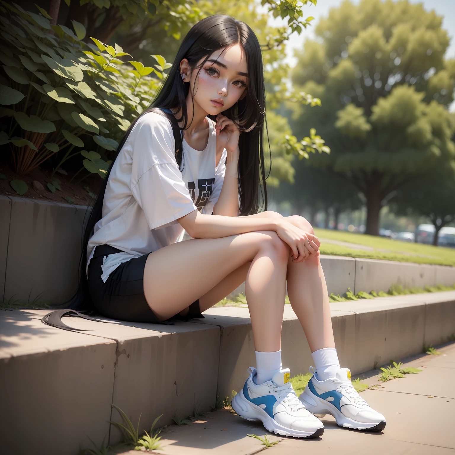 best qualtiy, Full body like，Refined face，park scene，A 20-year-old girl，white shoe，whitestocking，Black super shorts，Light blue shirt wrapped around pants，Long black hair scattered over the shoulders，Stand tall