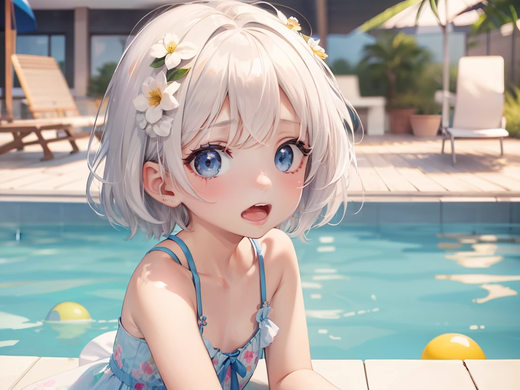 Best quality, tmasterpiece, 5 years old girl, Short white hair, eBlue eyes, By the pool, The expression is scared, Wear a floral dress, Show your upper body