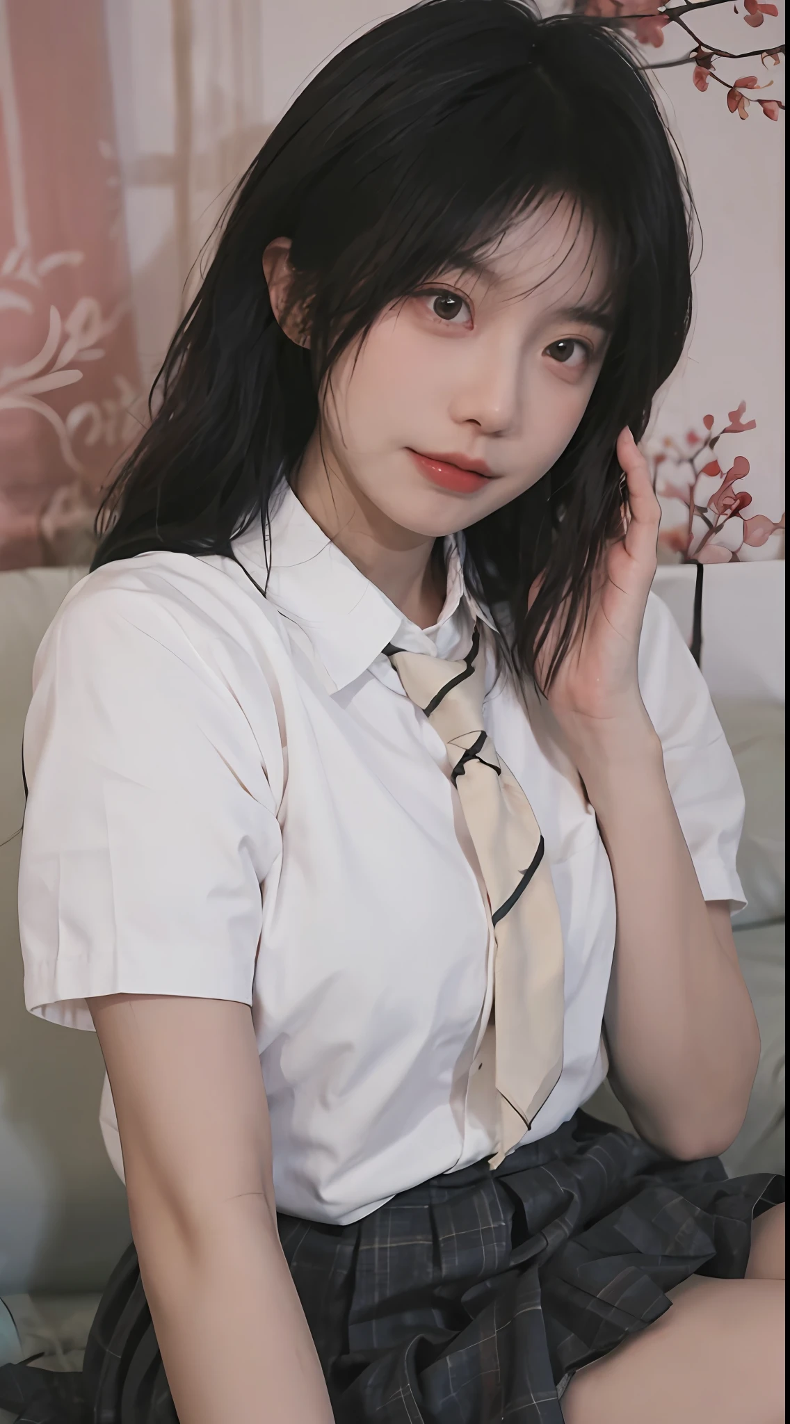 best qualtiy, 超高分辨率, (realisticlying:1.4), 1girll,Pretty woman with slender figure:1.4,18 female high school students are sexy,White skin,二重まぶた,Delicate eyes,white short blouse,pink necktie,Pink pleated skirt,black lence stockings,Being in the room,sitting on a white bed,Fascinating anticipation,Brunette half front half,Half in the back,Pose on the bed in a short skirt and shirt,JK school uniform,short- sleeved,tiedshirt
