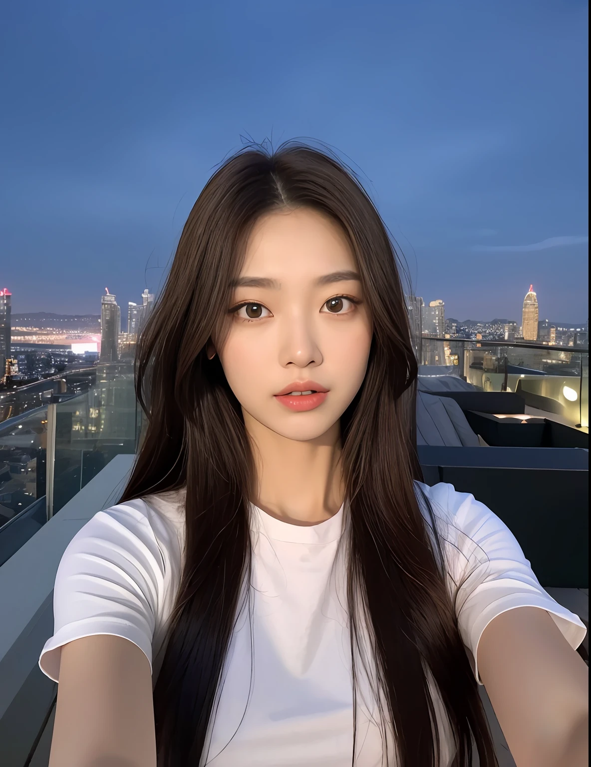 ((Midnight, Best quality, 8k, Masterpiece :1.3)), Whole body, Long legs, Sharp focus :1.2, A pretty woman with perfect figure :1.4, Slender abs :1.1, ((Dark brown hair, Big breasts :1.2)), (White tight tshirt, Jean bib, Standing:1.2), ((Night city view, Rooftop:1.3)), Highly detailed face and skin texture, Detailed eyes, Double eyelid