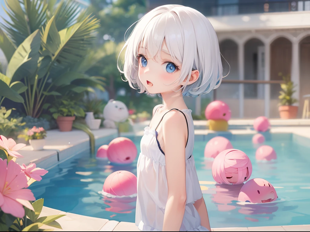 Best quality, tmasterpiece, 5 girl, Short white hair, eBlue eyes, By the pool, The expression is scared