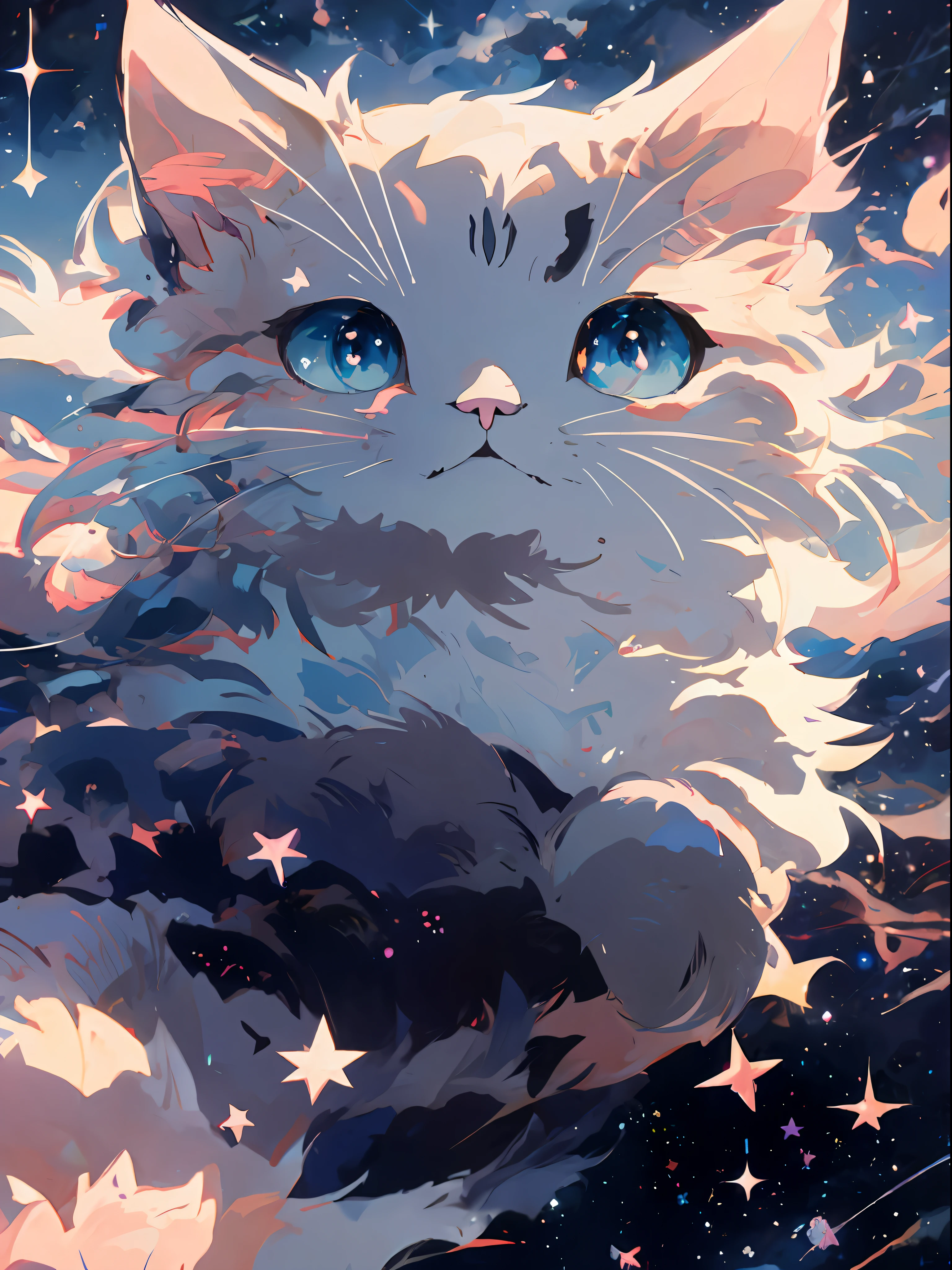 Anime cat with blue eyes and stars in background, anime cat, anime visual of a cute cat, Anime art wallpaper 4 K, Anime art wallpaper 4k, 4k manga wallpapers, Anime art wallpaper 8 K, Cute detailed digital art, realistic anime cat, style of anime4 K, Anime wallpaper 4K, Anime wallpaper 4 k, 4K anime wallpaper,tmasterpiece,best qualtiy